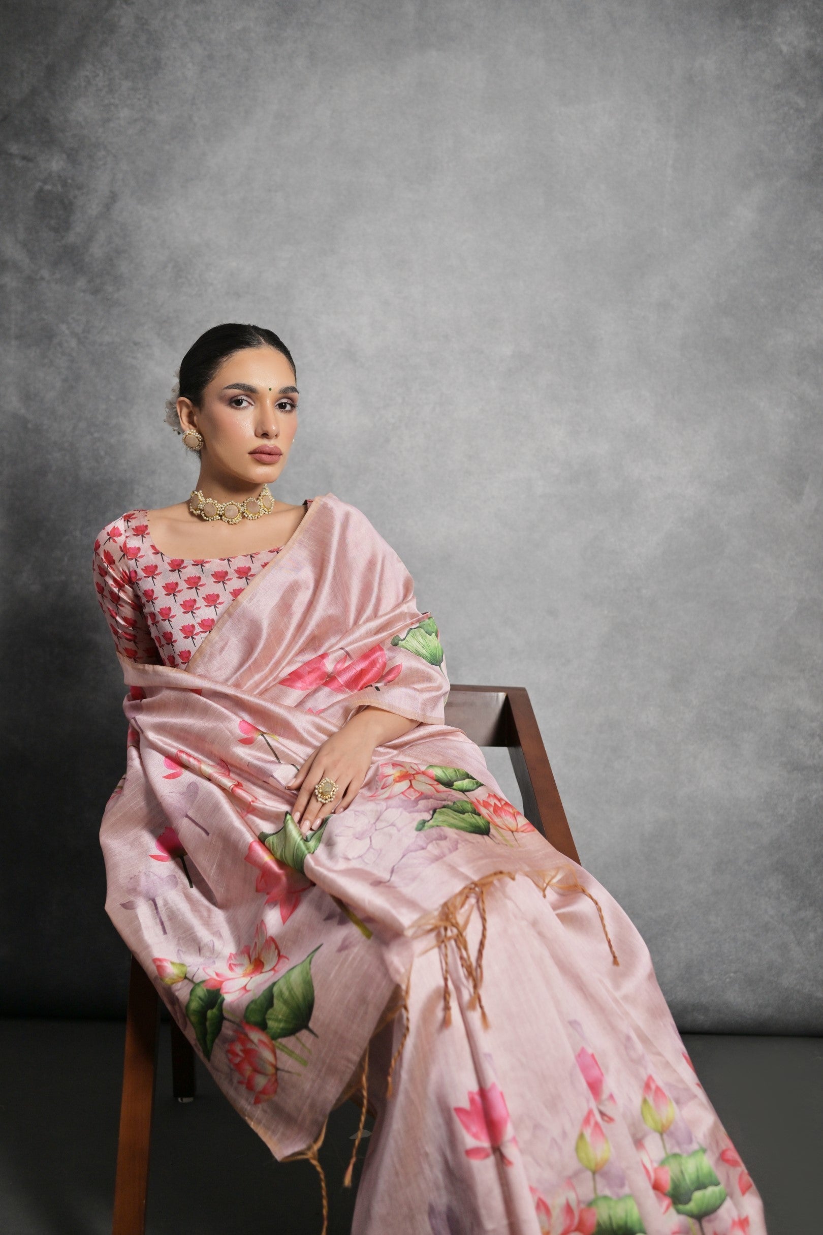 Buy MySilkLove Pink Sherbert Floral Printed Tussar Silk Saree Online