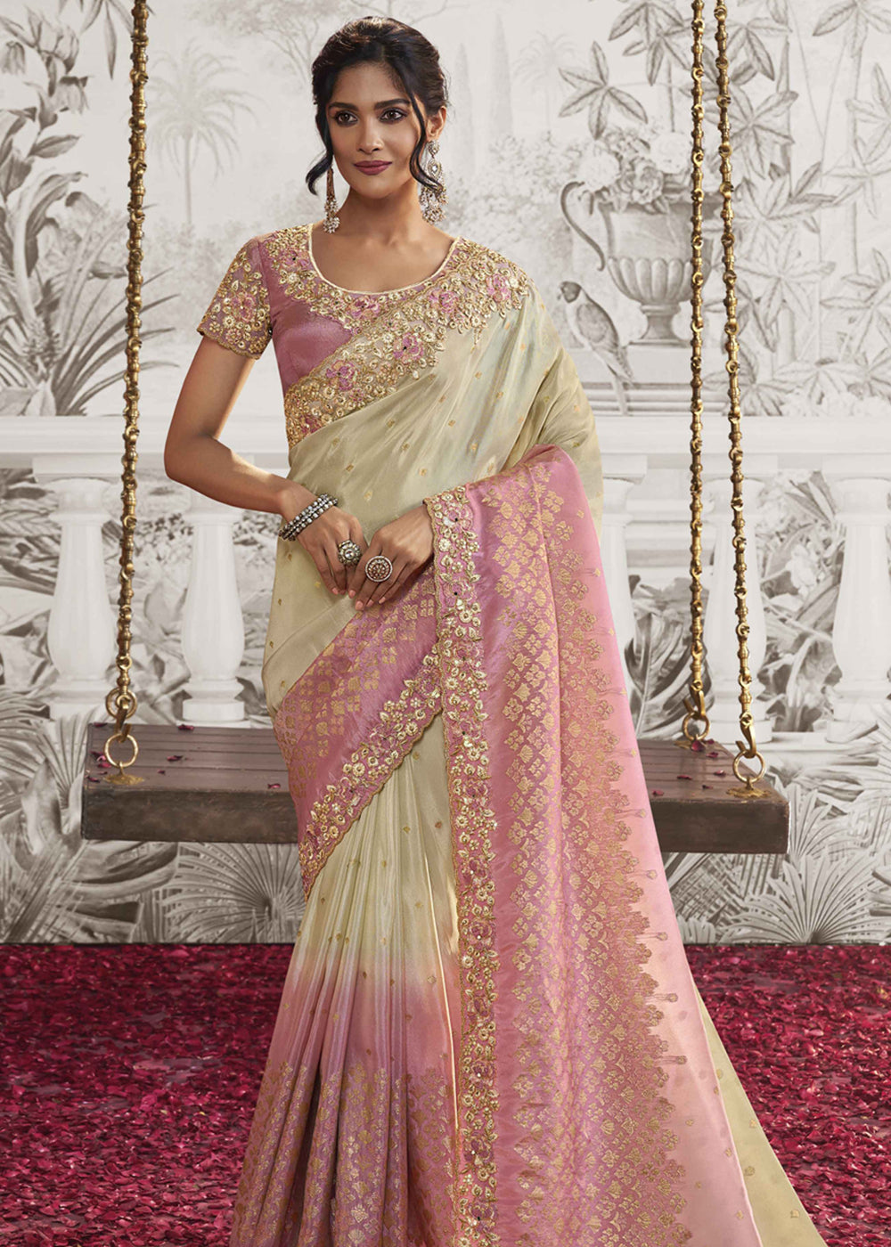 Buy MySilkLove Timid Cream and Pink Embroidered Designer Silk Saree Online