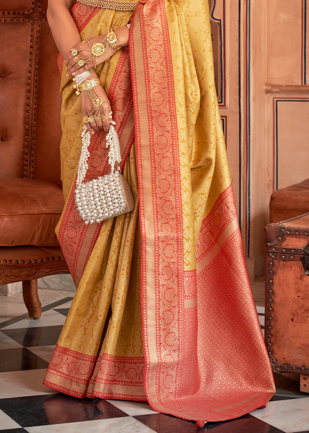Buy MySilkLove Sunset Pearl Yellow Zari Woven Banarasi Silk Saree Online