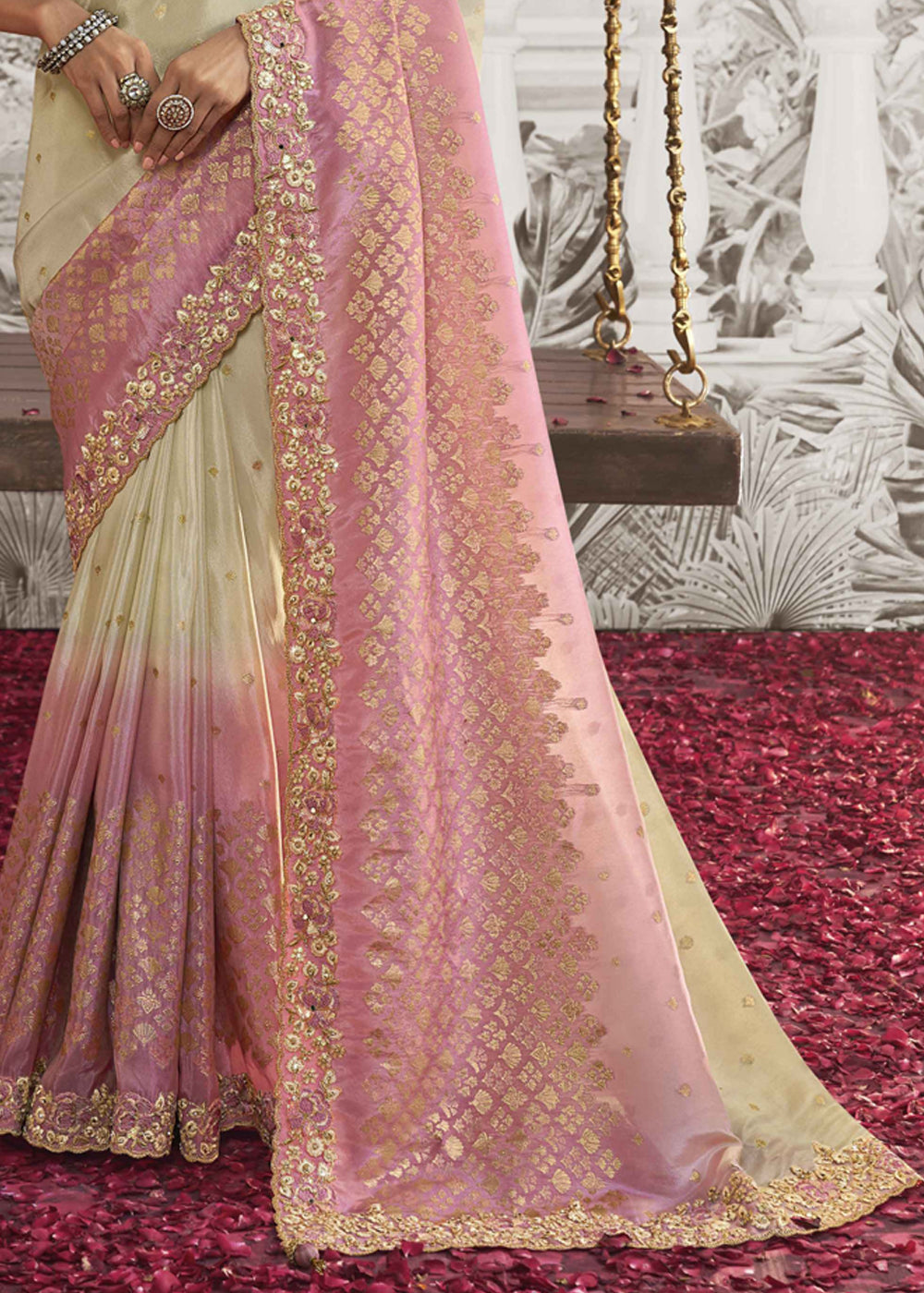 Buy MySilkLove Timid Cream and Pink Embroidered Designer Silk Saree Online