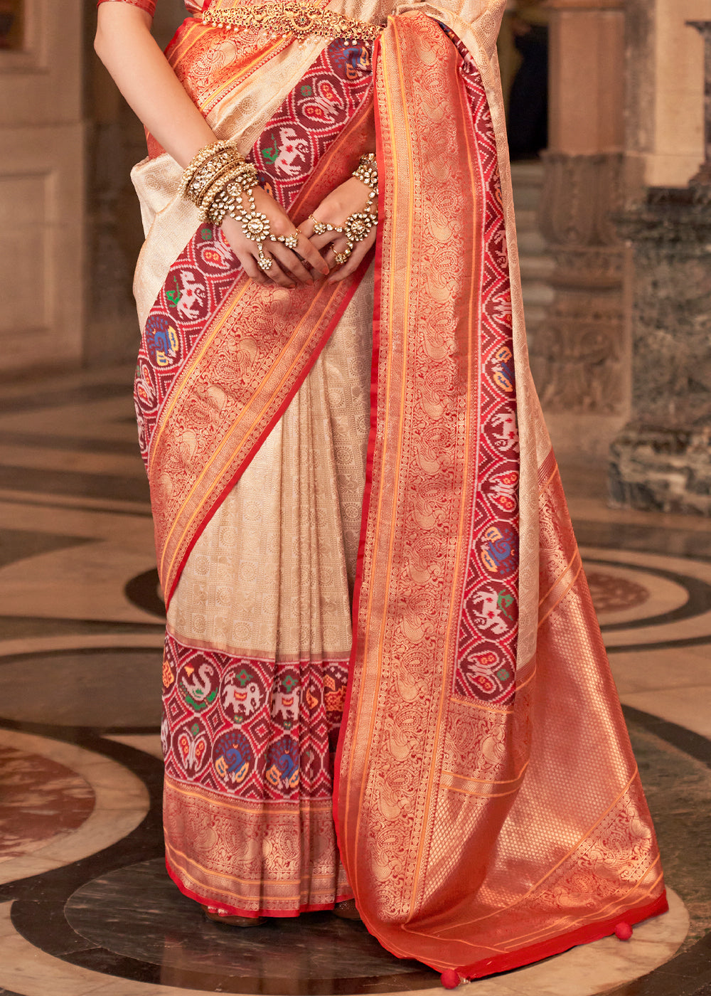 Buy MySilkLove Sandy Beach Cream Zari Woven Banarasi Meenkari Silk Saree Online