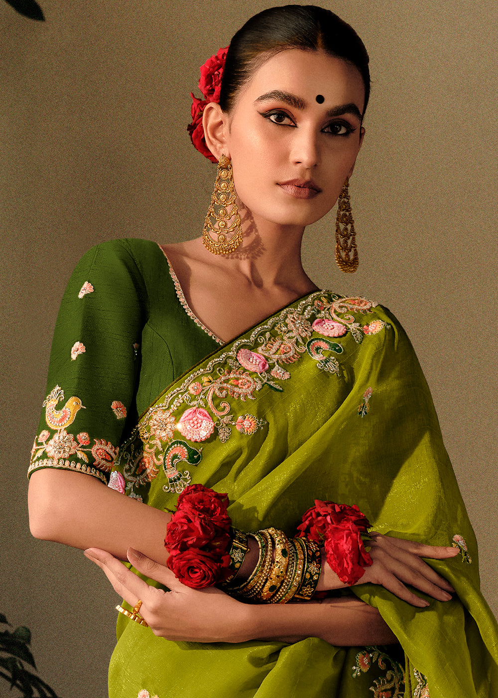 Buy MySilkLove Verdun Green Embroidery Designer Banarasi Dola Silk Saree Online