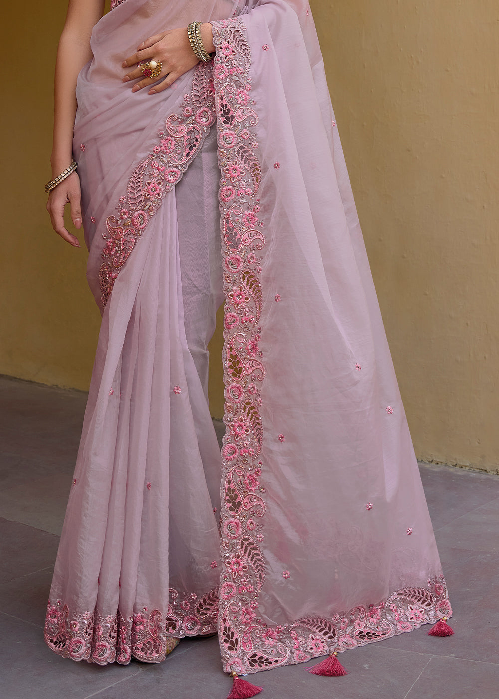 Buy MySilkLove Lily Pink Tissue Organza Embroidered Silk Saree Online