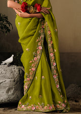 Verdun Green Embroidery Designer Banarasi Dola Silk Saree