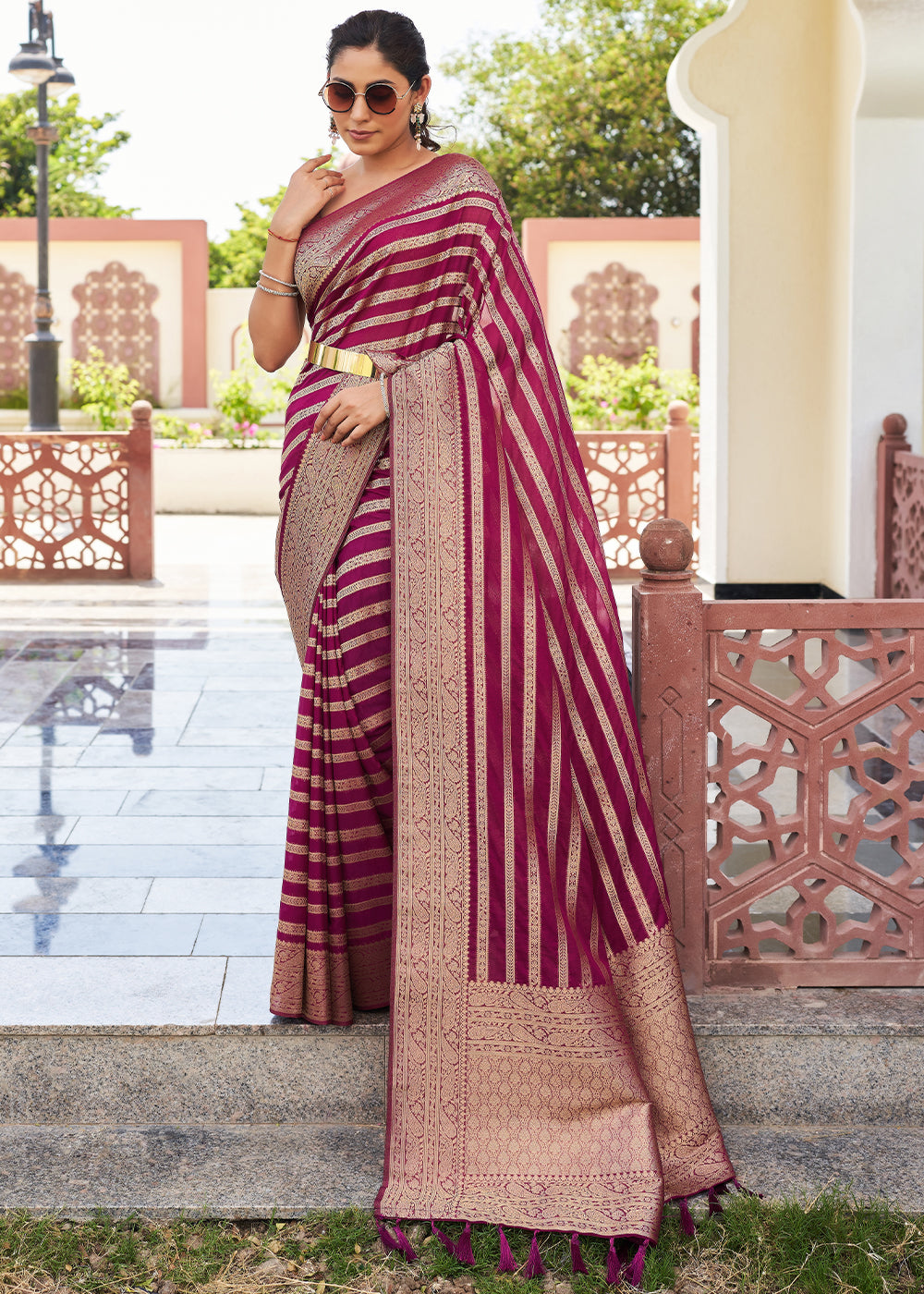 Buy MySilkLove Rose Bud Cherry Purple Woven Lehriya Georgette Saree Online