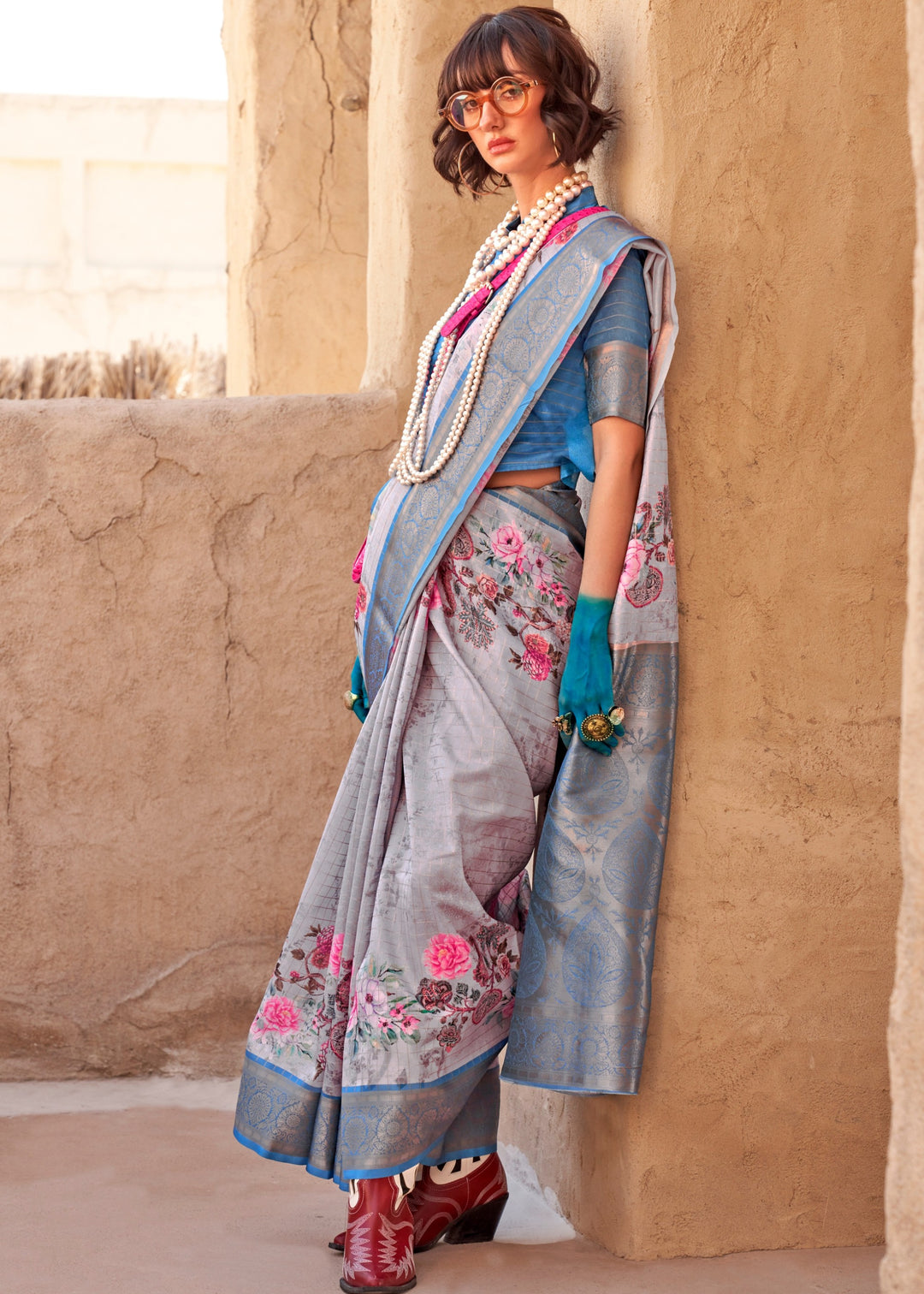 Buy MySilkLove Opal Blue Georgette Handloom Printed Saree Online