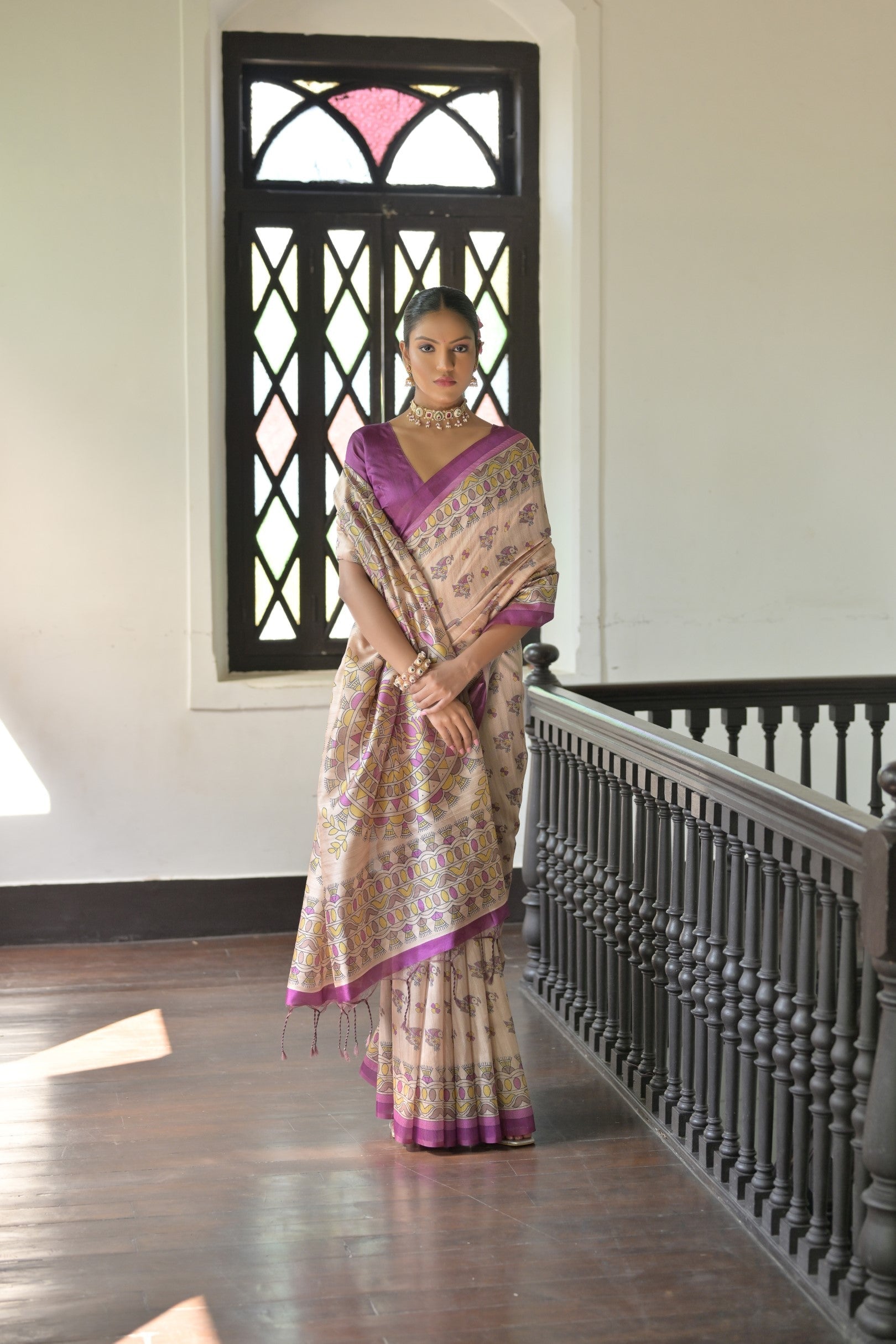 Buy MySilkLove Sidecar Cream and Purple Madhubani Printed Tussar Silk Saree Online