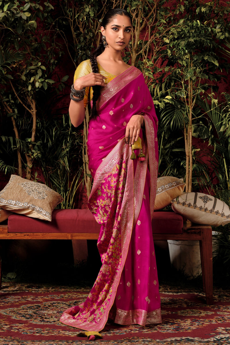 Off White and Pink Woven Banarasi Silk Saree – MySilkLove