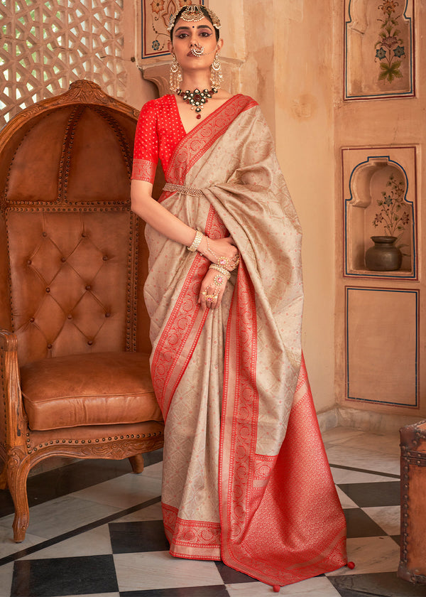 Shop the Hottest Cream Colour Saree with Contrast Blouse Online Now