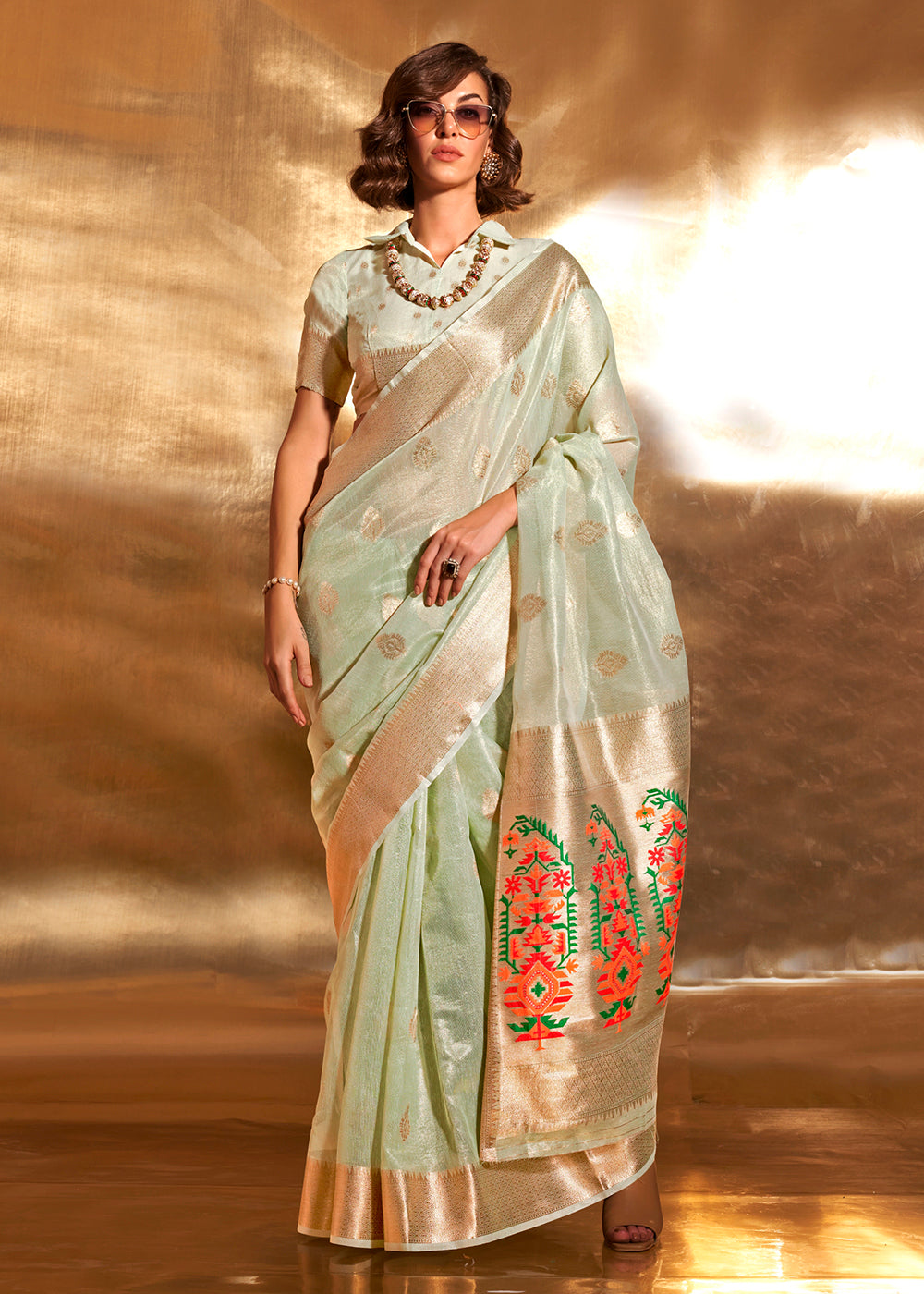 Buy MySilkLove Hillary Green Handloom Tissue Silk Saree Online