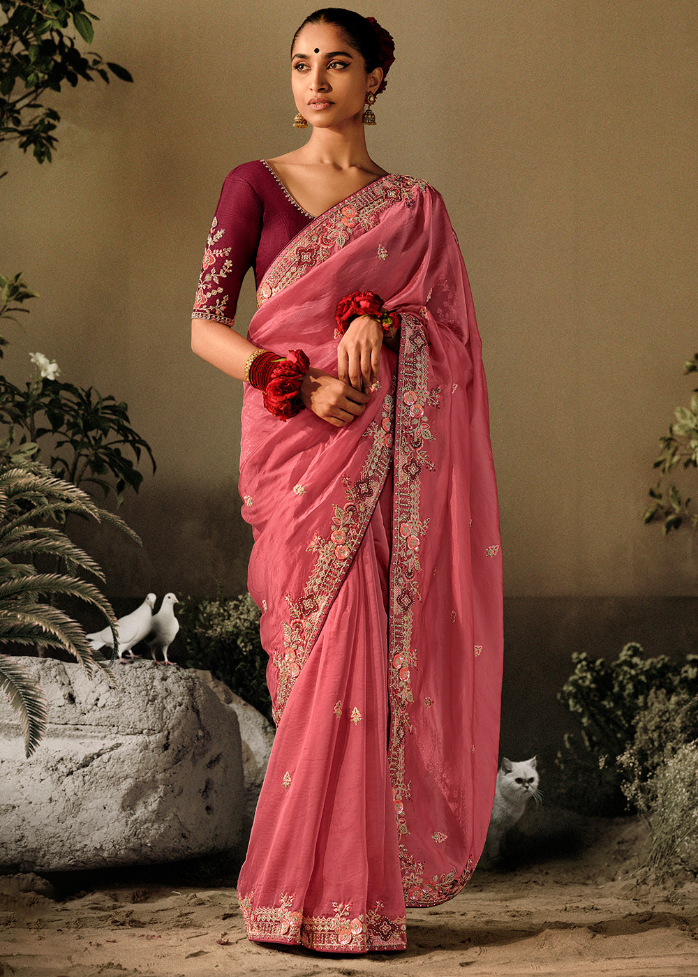MySilkLove Sunglo Pink Embroidery Designer Banarasi Dola Silk Saree