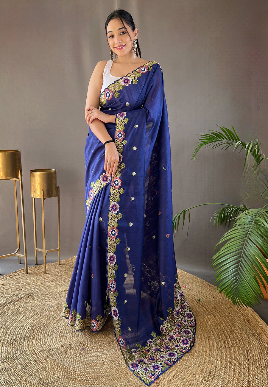 Buy MySilkLove Chambray Blue Embroidered Tussar Silk Saree Online