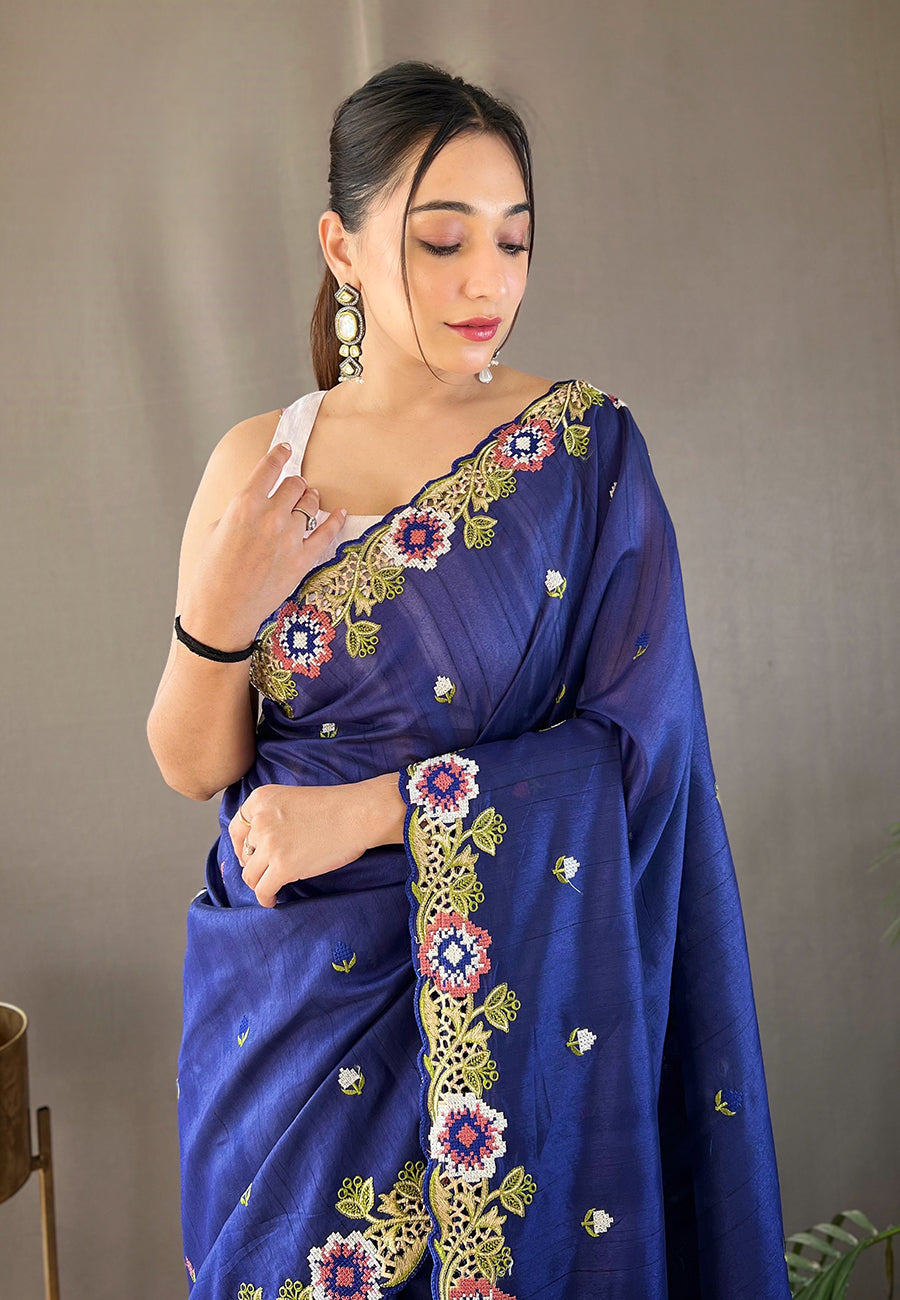MySilkLove Chambray Blue Embroidered Tussar Silk Saree