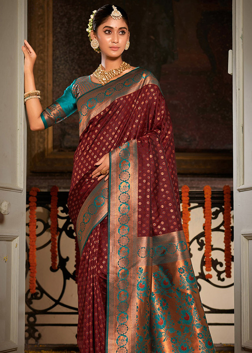 Buy MySilkLove Persian Plum Maroon and Blue Woven Banarasi Silk Saree Online