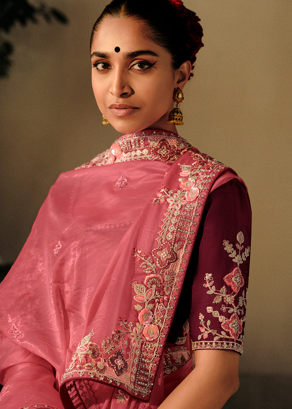 MySilkLove Sunglo Pink Embroidery Designer Banarasi Dola Silk Saree