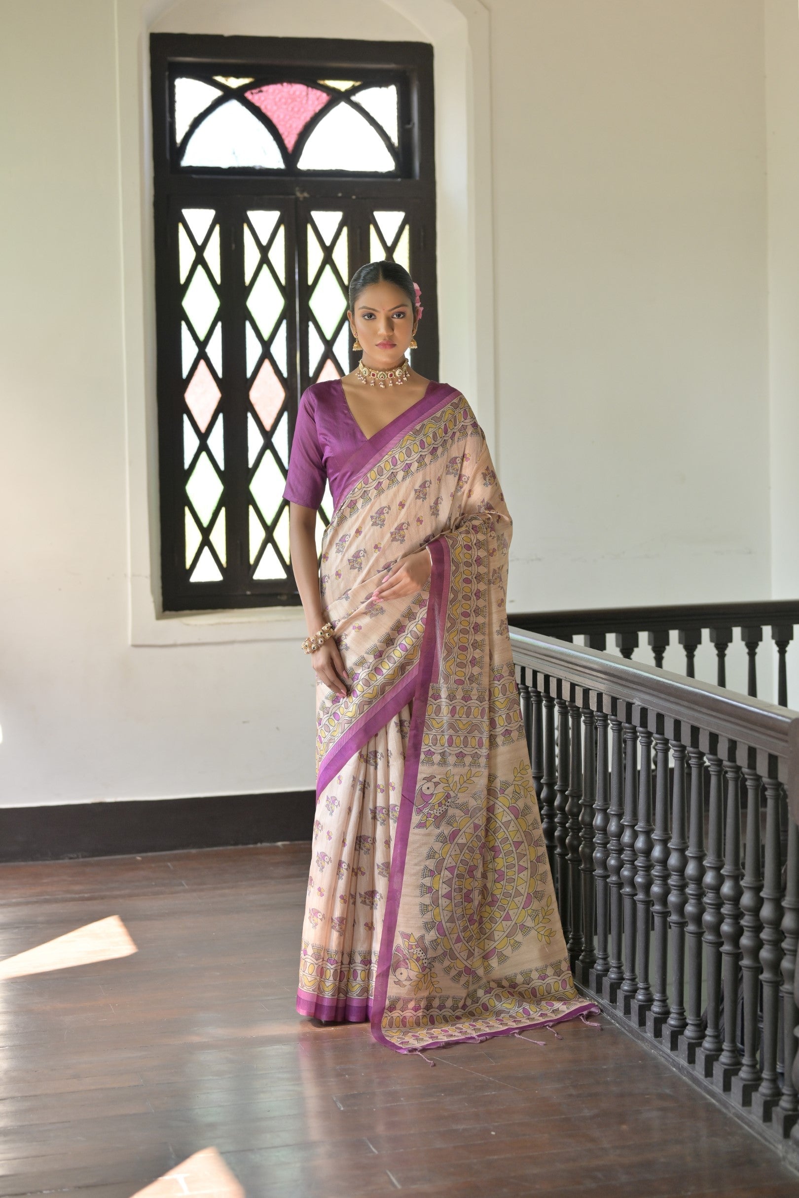 Buy MySilkLove Sidecar Cream and Purple Madhubani Printed Tussar Silk Saree Online