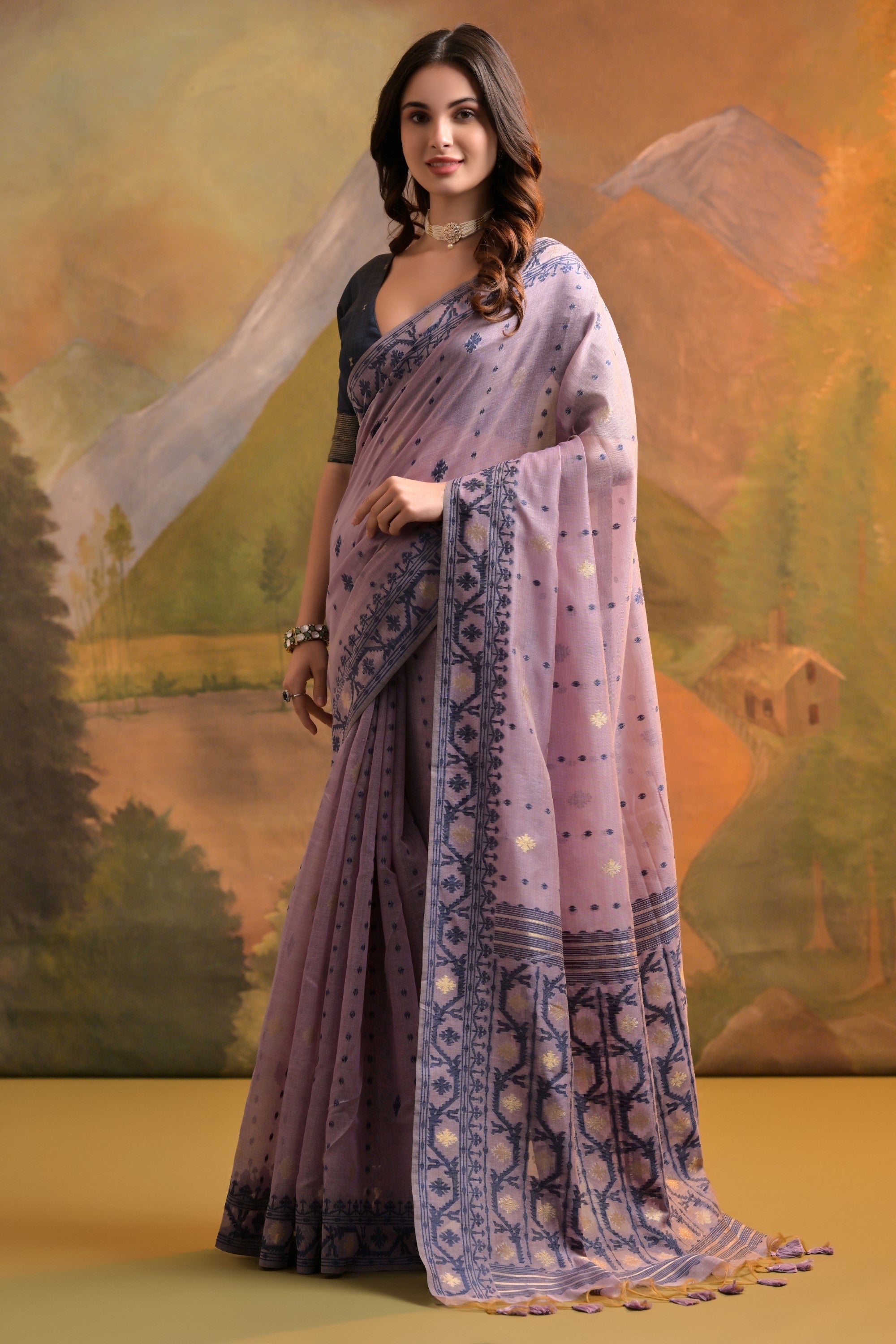 Buy MySilkLove Bouquet Purple Jamdani Woven Muga Cotton Saree Online