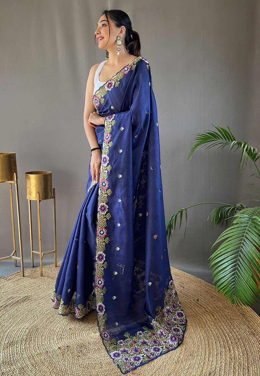 Buy MySilkLove Chambray Blue Embroidered Tussar Silk Saree Online