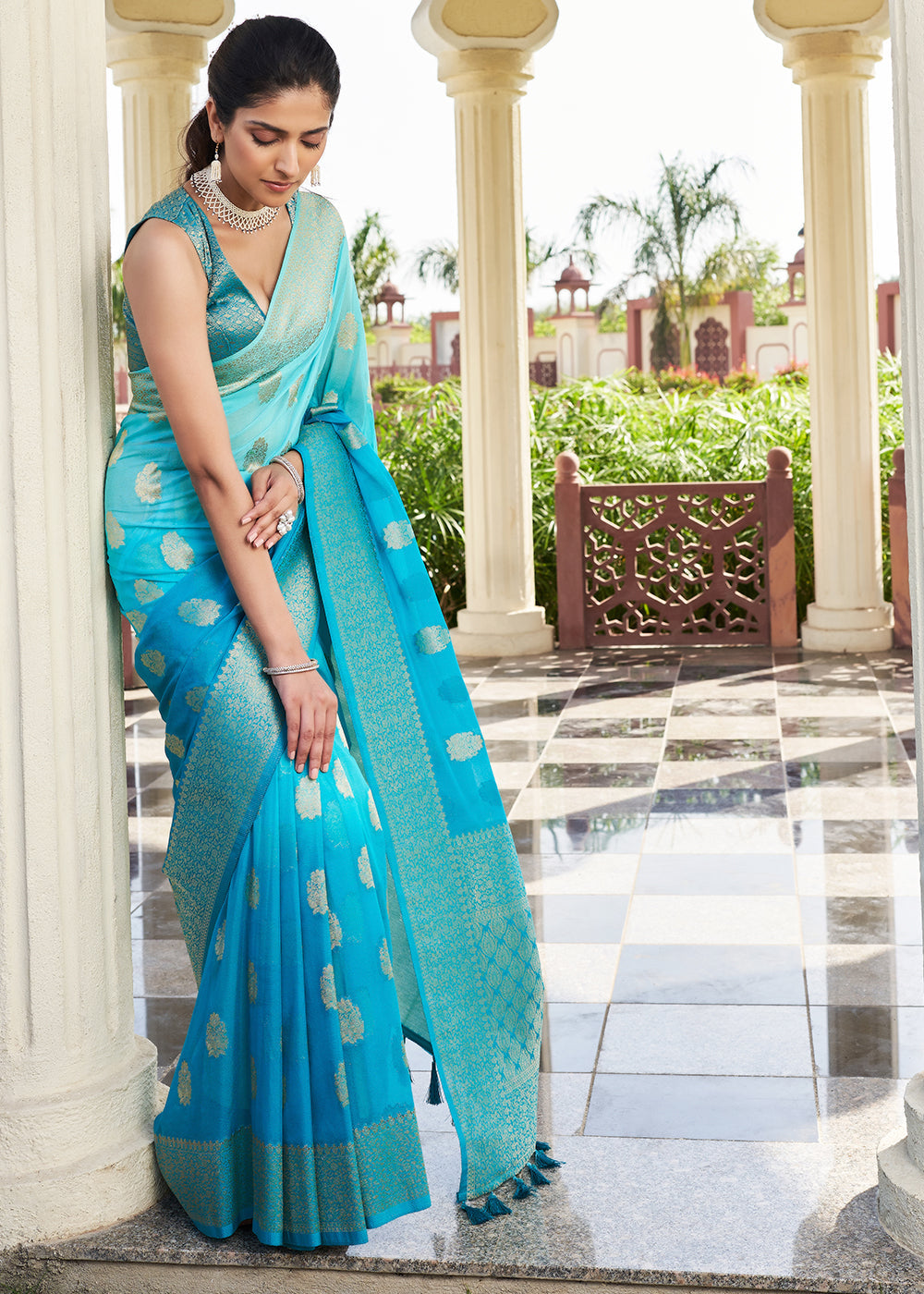 Buy MySilkLove Bondi Blue Zari Woven Georgette Saree Online