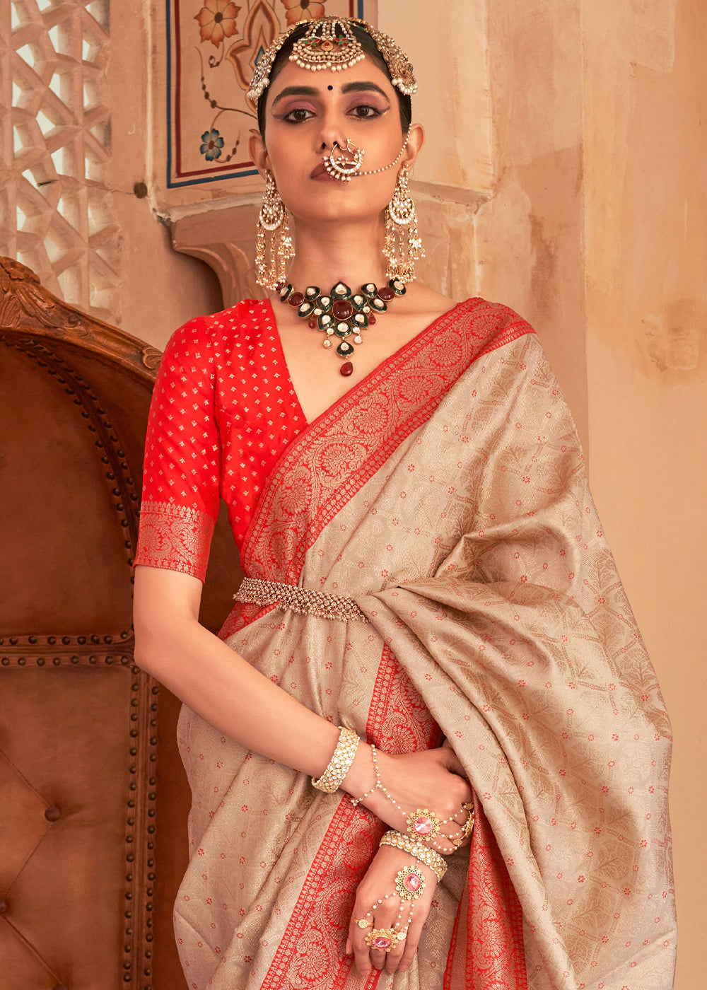 Buy MySilkLove Tumbleweed Cream Zari Woven Banarasi Silk Saree Online