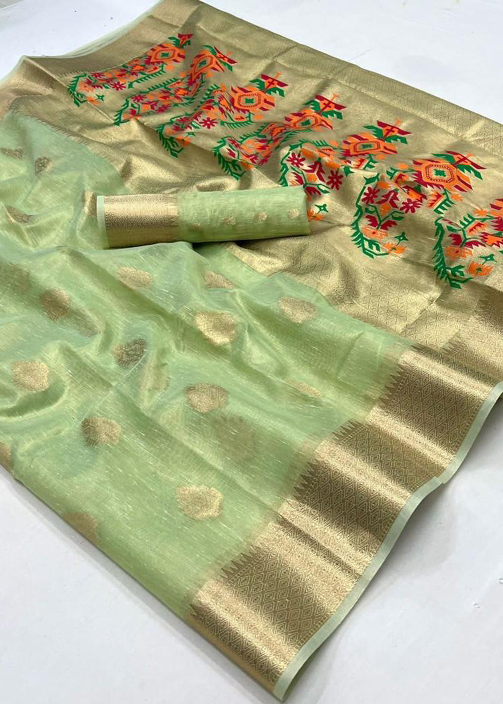 Buy MySilkLove Hillary Green Handloom Tissue Silk Saree Online