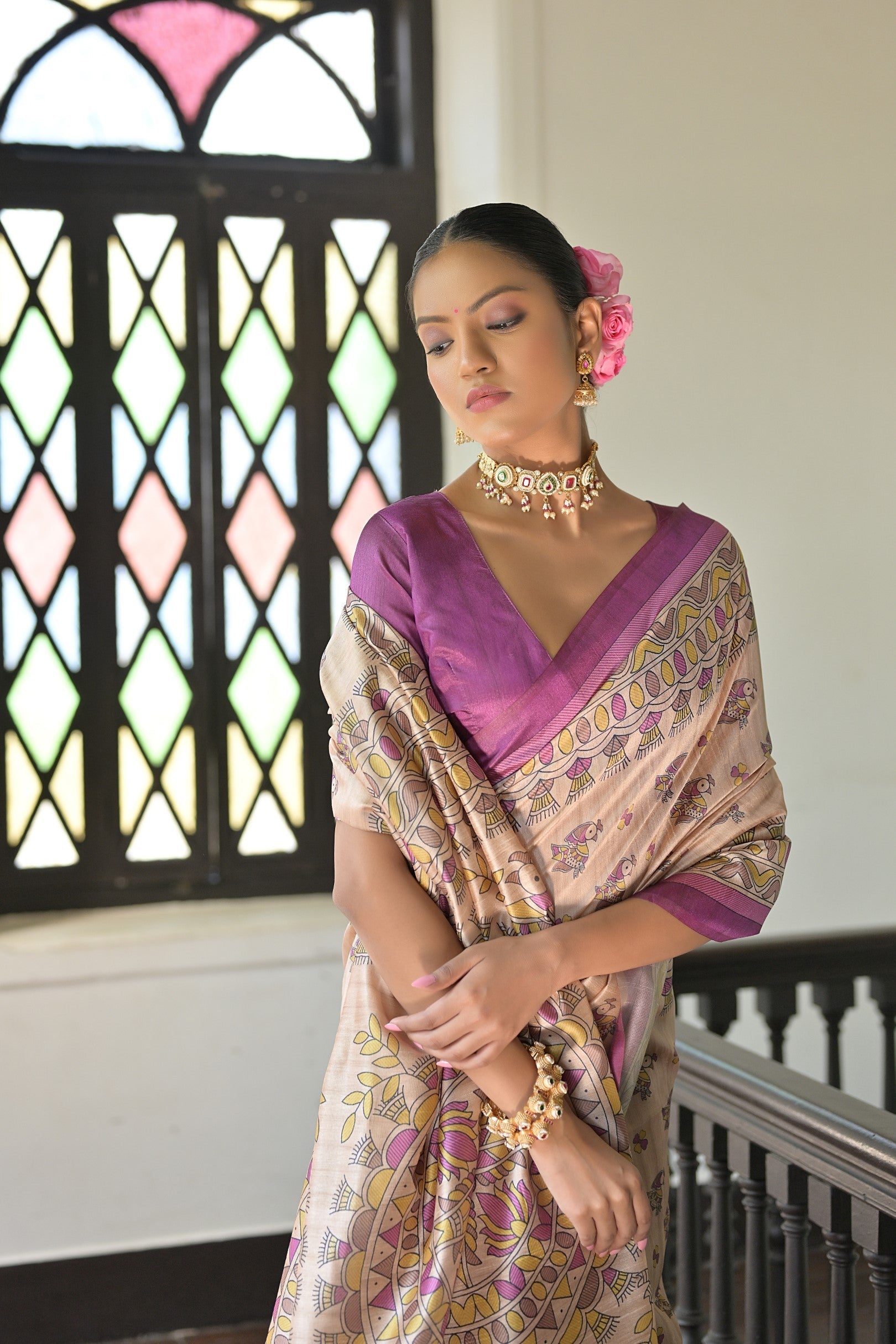 MySilkLove Sidecar Cream and Purple Madhubani Printed Tussar Silk Saree