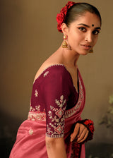 Sunglo Pink Embroidery Designer Banarasi Dola Silk Saree
