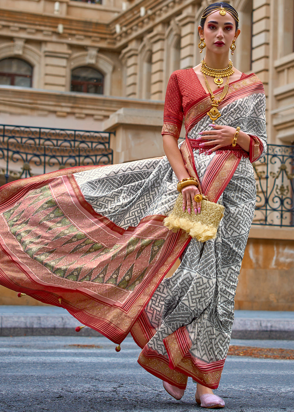 Buy MySilkLove Light Grey and Red Printed Patola Silk Saree Online