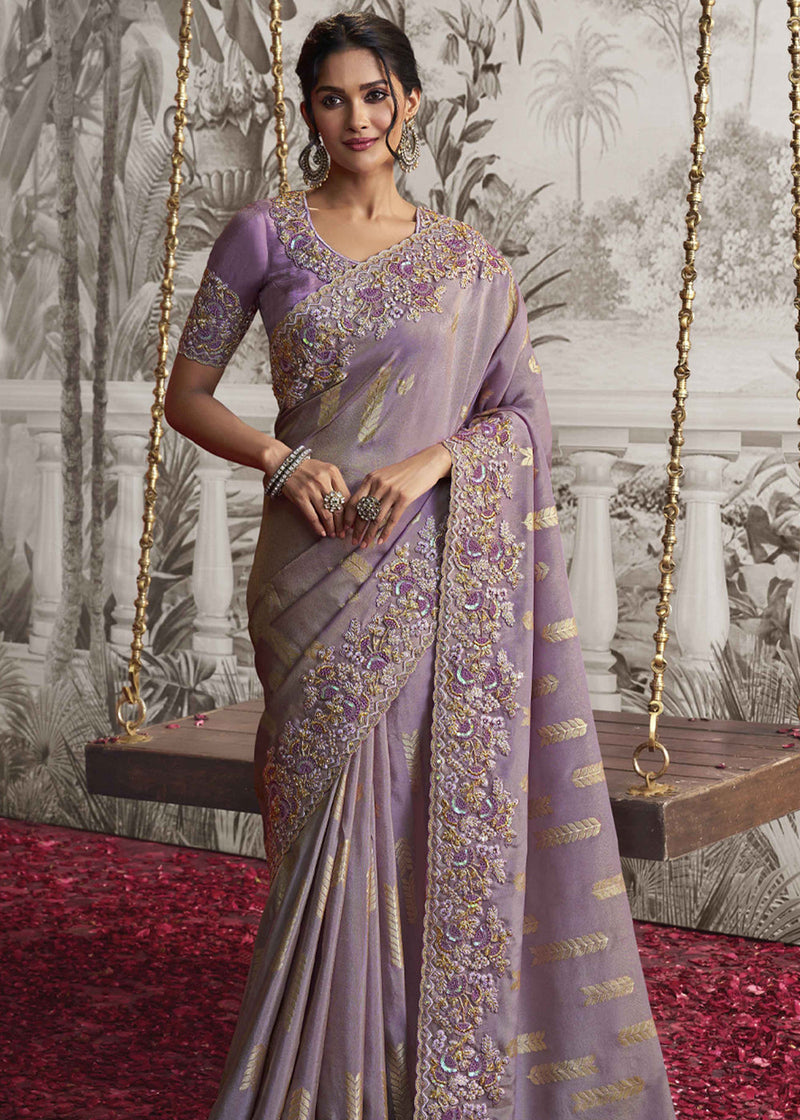 Purple fancy embroidery raw-silk designer saree with unique