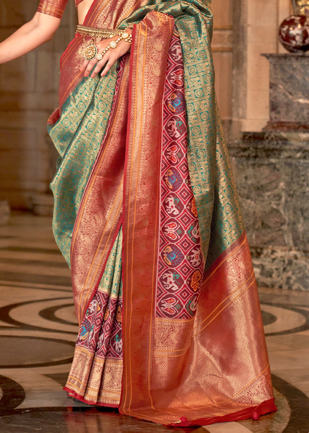 Buy MySilkLove Flax Smoke Green Zari Woven Banarasi Meenkari Silk Saree Online