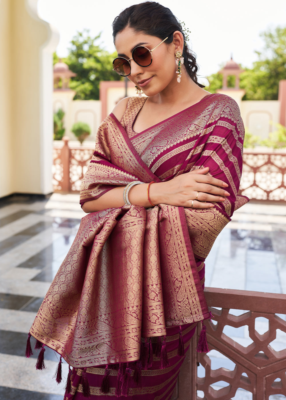 Buy MySilkLove Rose Bud Cherry Purple Woven Lehriya Georgette Saree Online