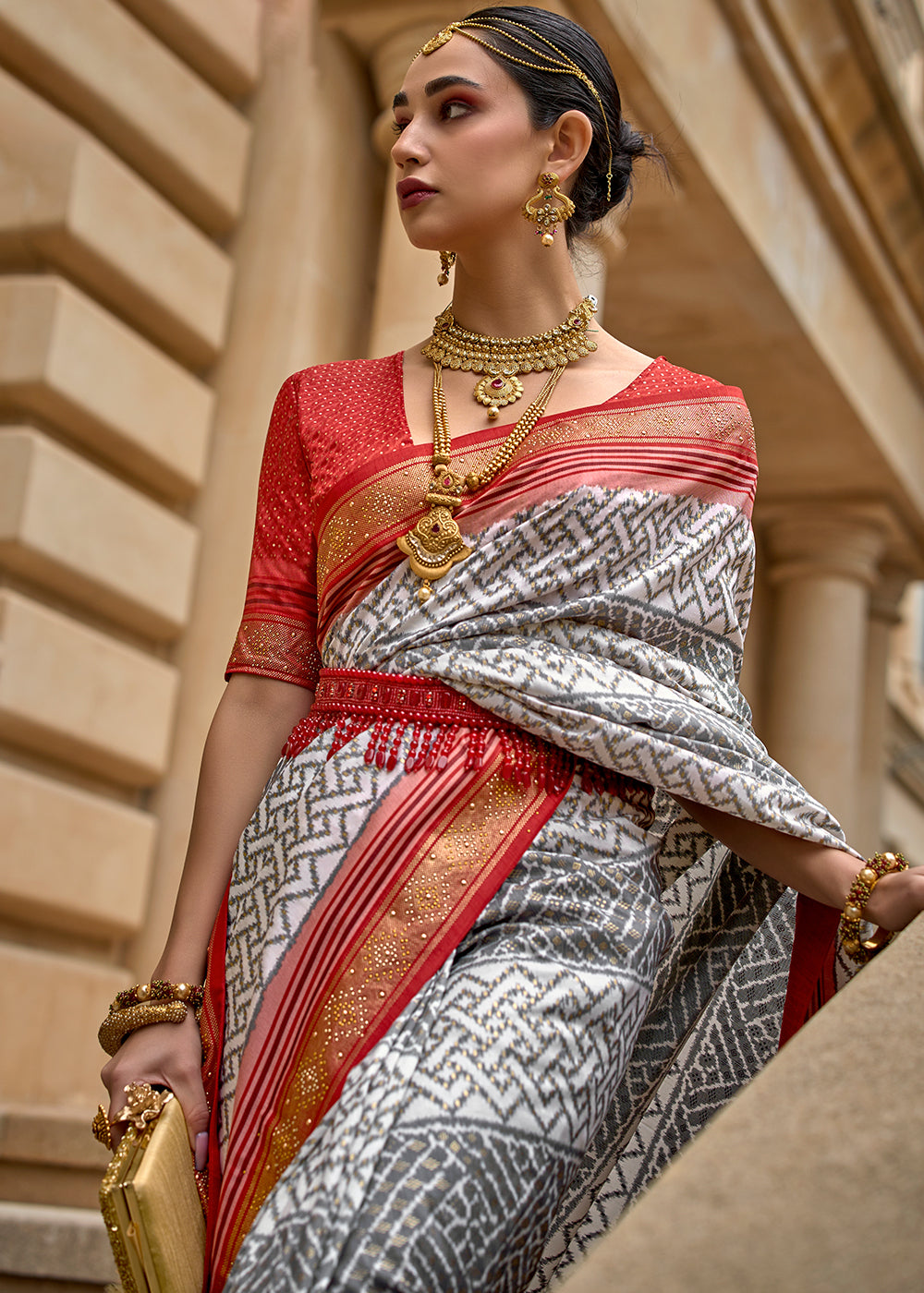 Buy MySilkLove Light Grey and Red Printed Patola Silk Saree Online