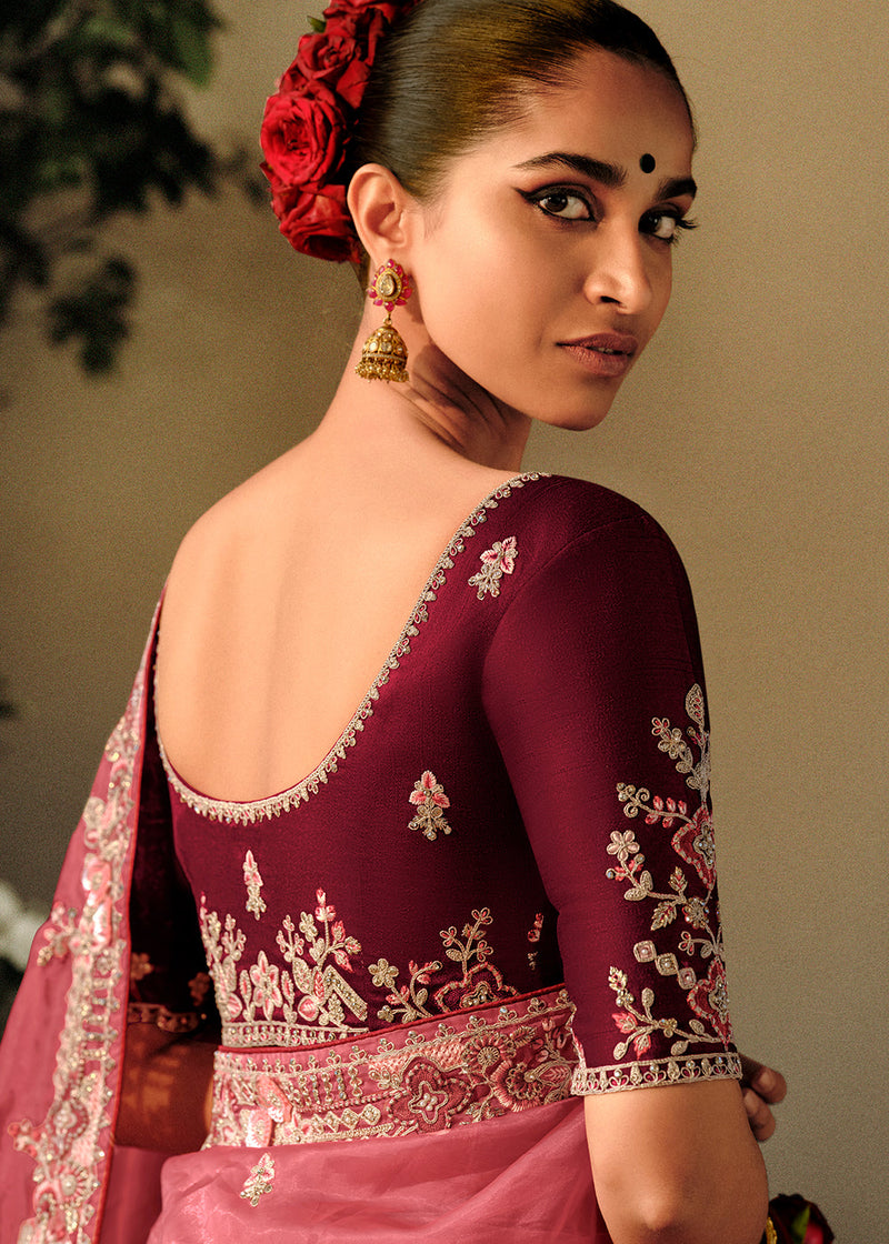 Sunglo Pink Embroidery Designer Banarasi Dola Silk Saree