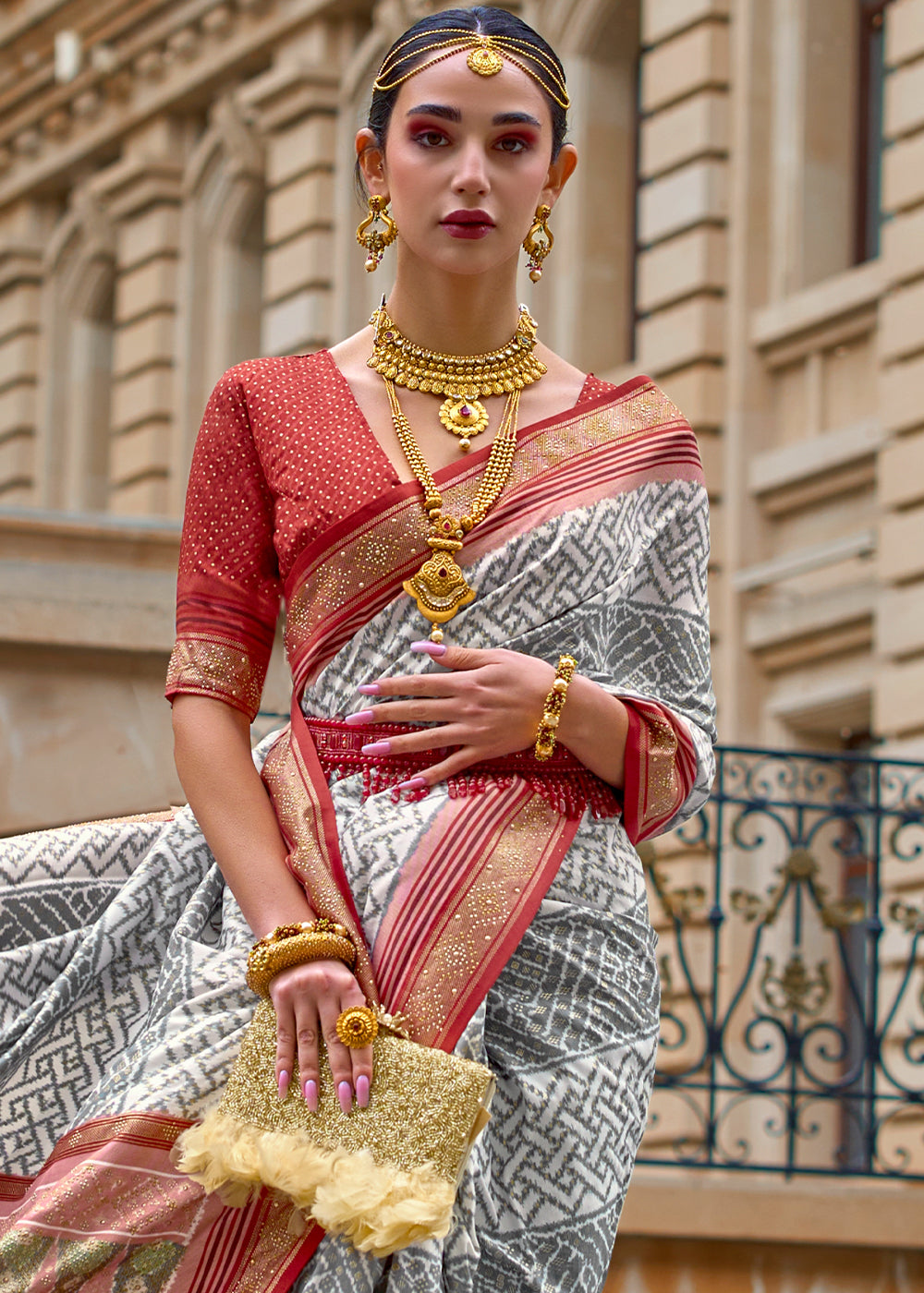 Buy MySilkLove Light Grey and Red Printed Patola Silk Saree Online