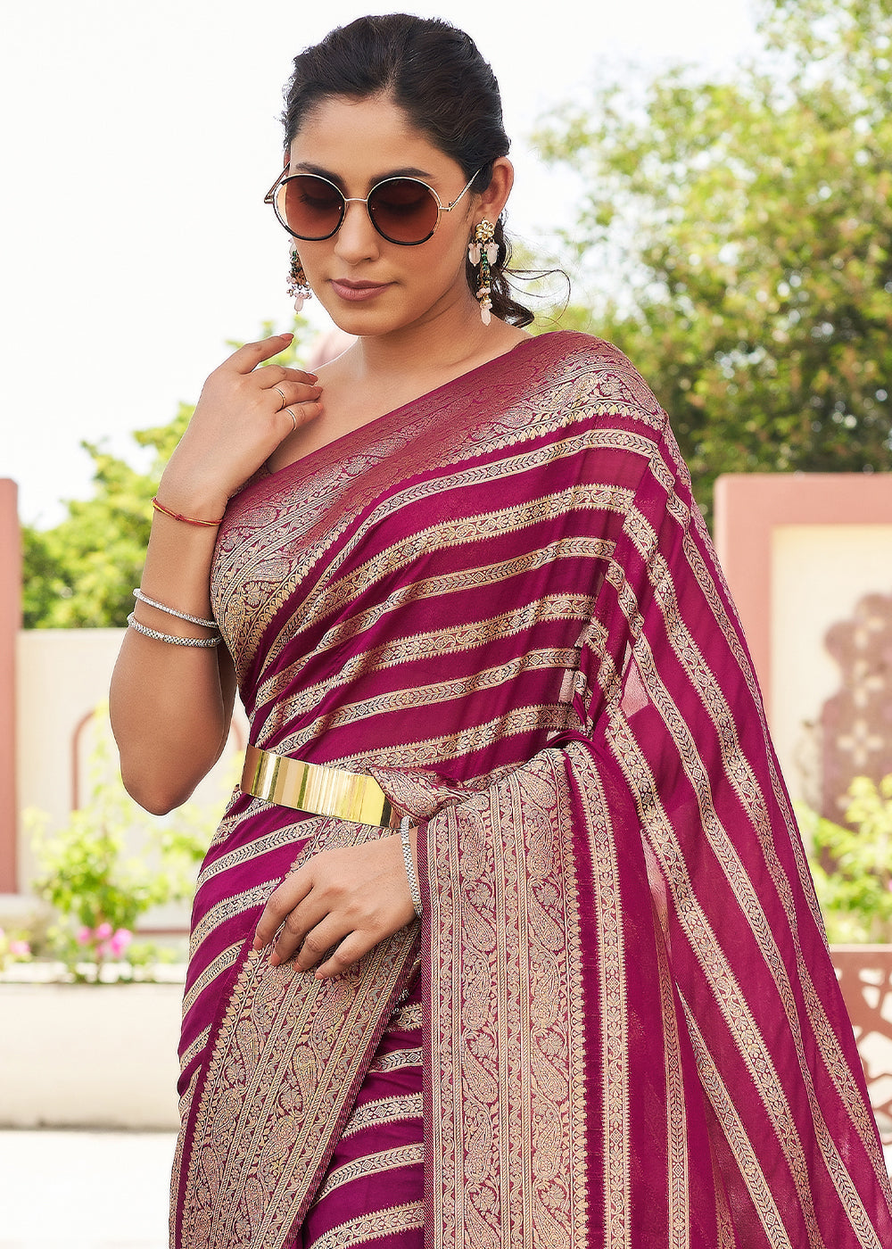 Buy MySilkLove Rose Bud Cherry Purple Woven Lehriya Georgette Saree Online