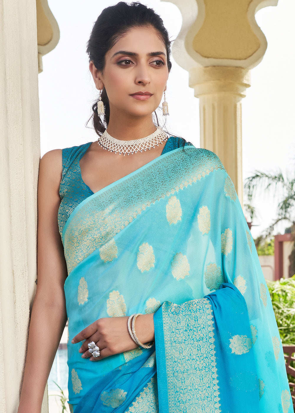 Buy MySilkLove Bondi Blue Zari Woven Georgette Saree Online