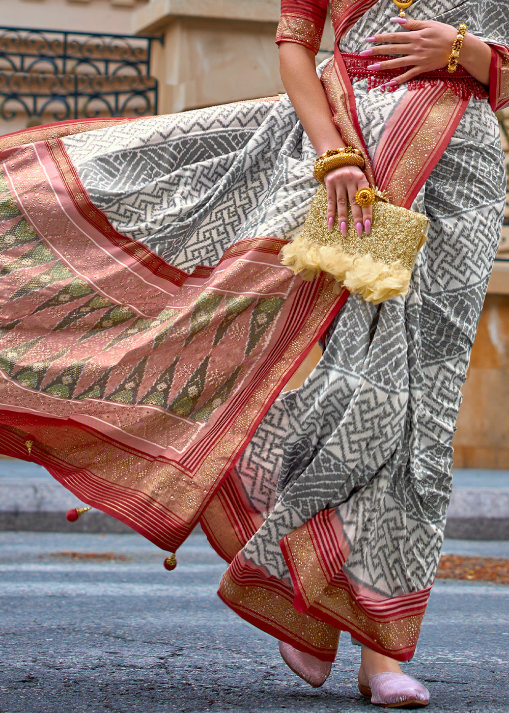 Buy MySilkLove Light Grey and Red Printed Patola Silk Saree Online