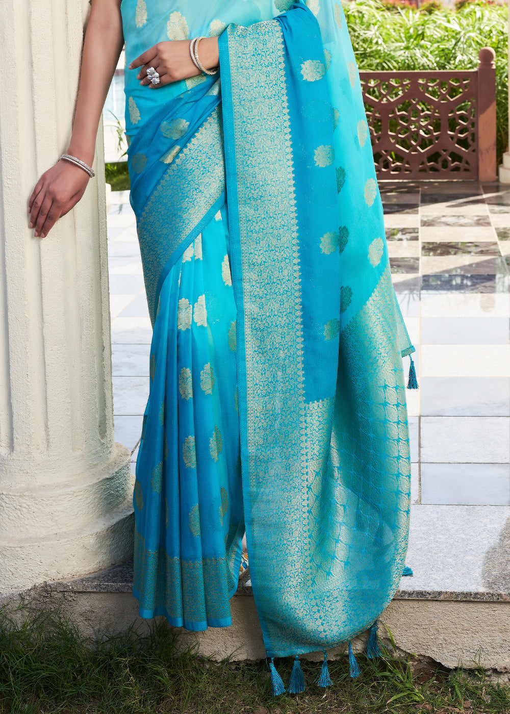 Buy MySilkLove Bondi Blue Zari Woven Georgette Saree Online