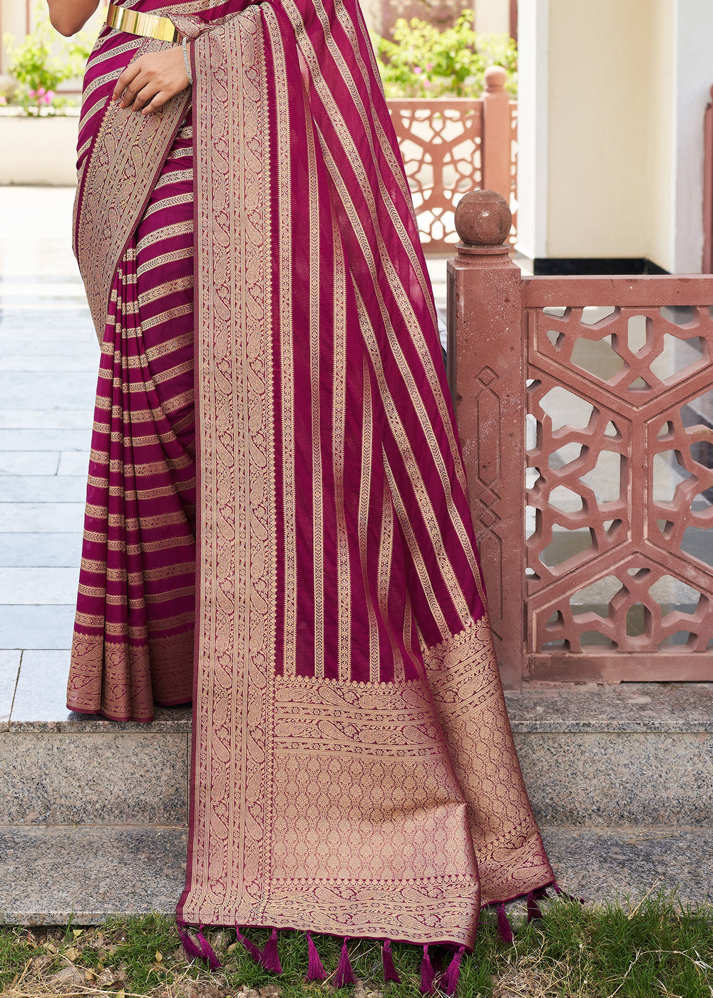 Buy MySilkLove Rose Bud Cherry Purple Woven Lehriya Georgette Saree Online