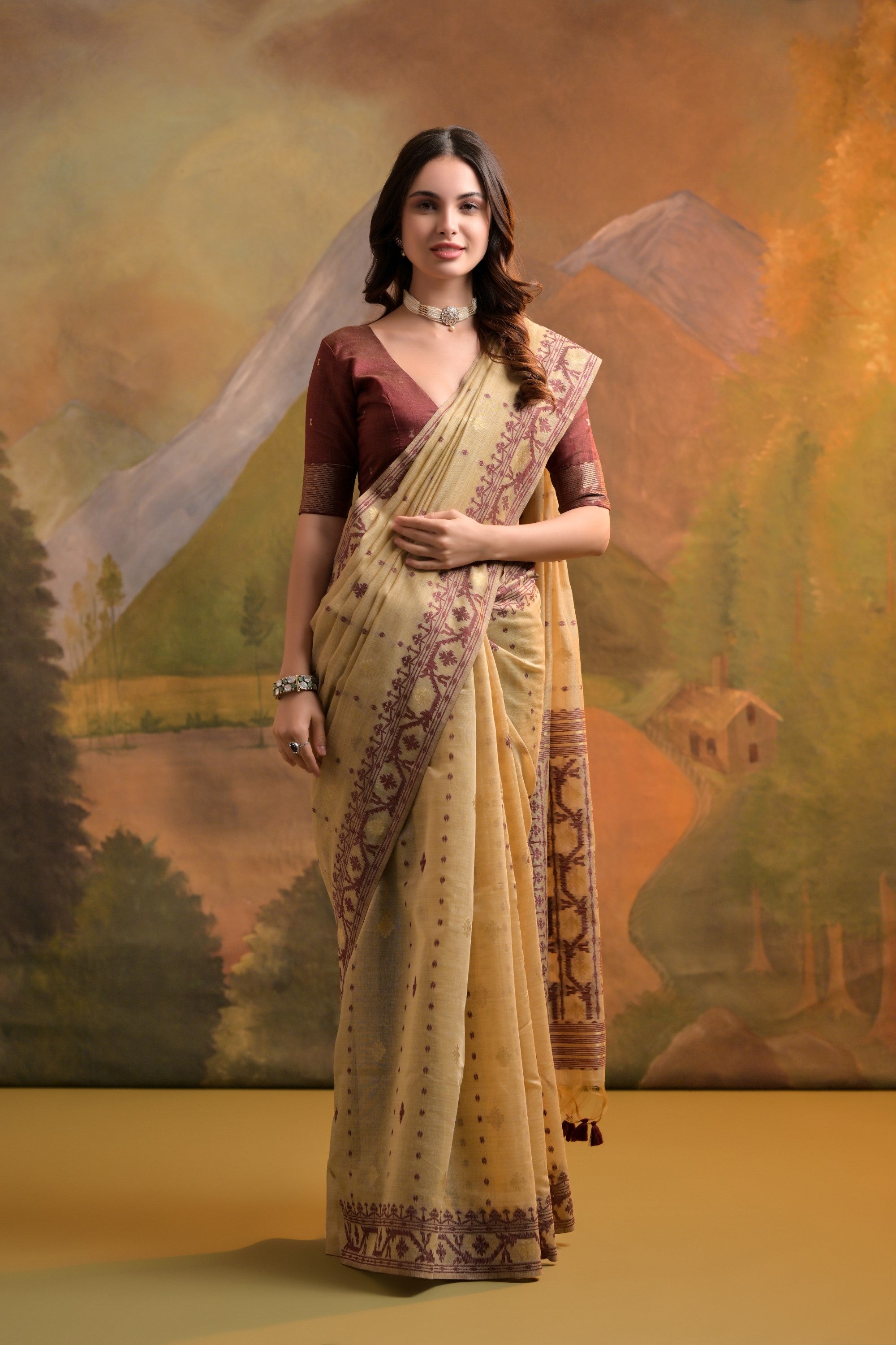 Buy MySilkLove Brandy Cream Jamdani Woven Muga Cotton Saree Online