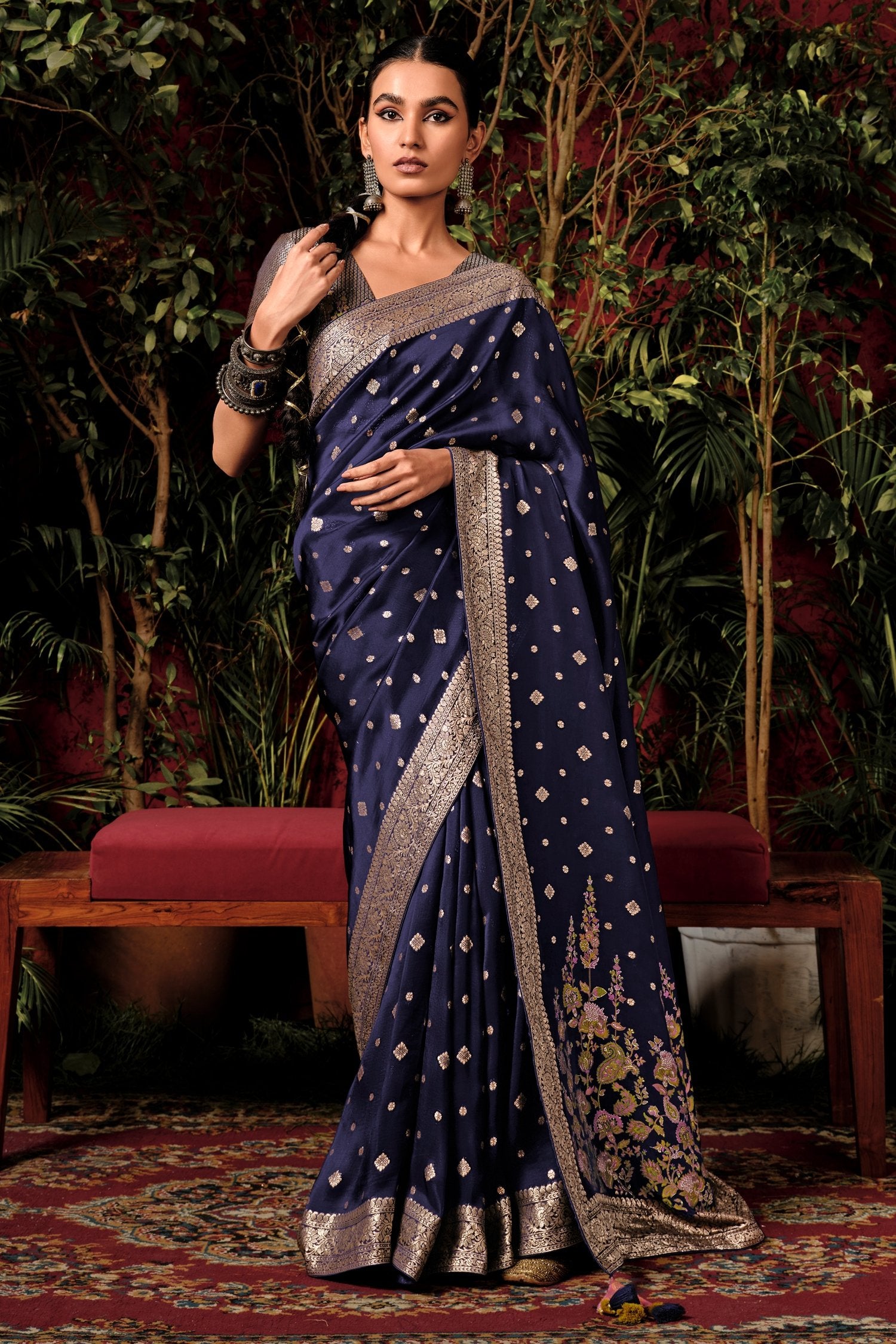 MySilkLove Navy Blue Woven Designer Banarasi Silk Saree