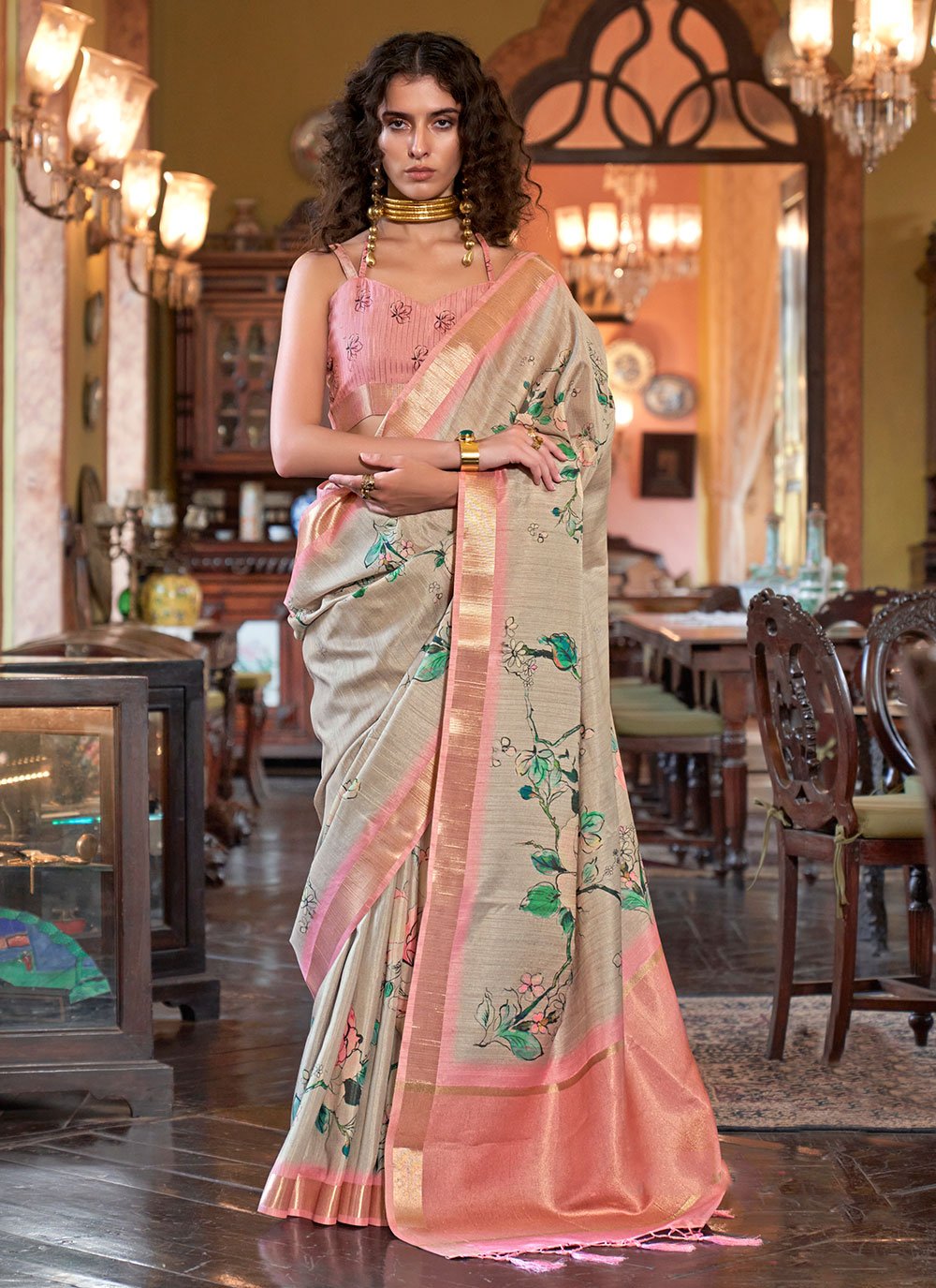 Buy MySilkLove Chino Cream and Peach Banarasi Floral Printed Saree Online