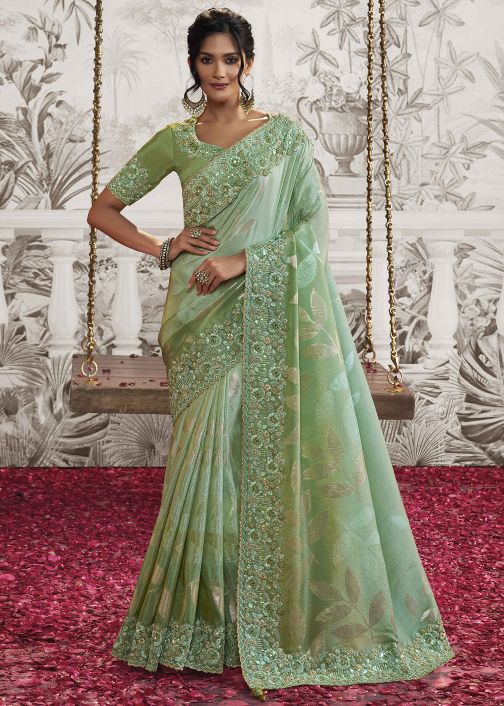 Buy MySilkLove Mint Green Embroidered Designer Silk Saree Online