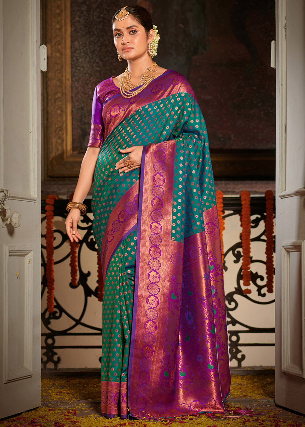 Buy MySilkLove Peacock Blue and Purple Woven Banarasi Silk Saree Online