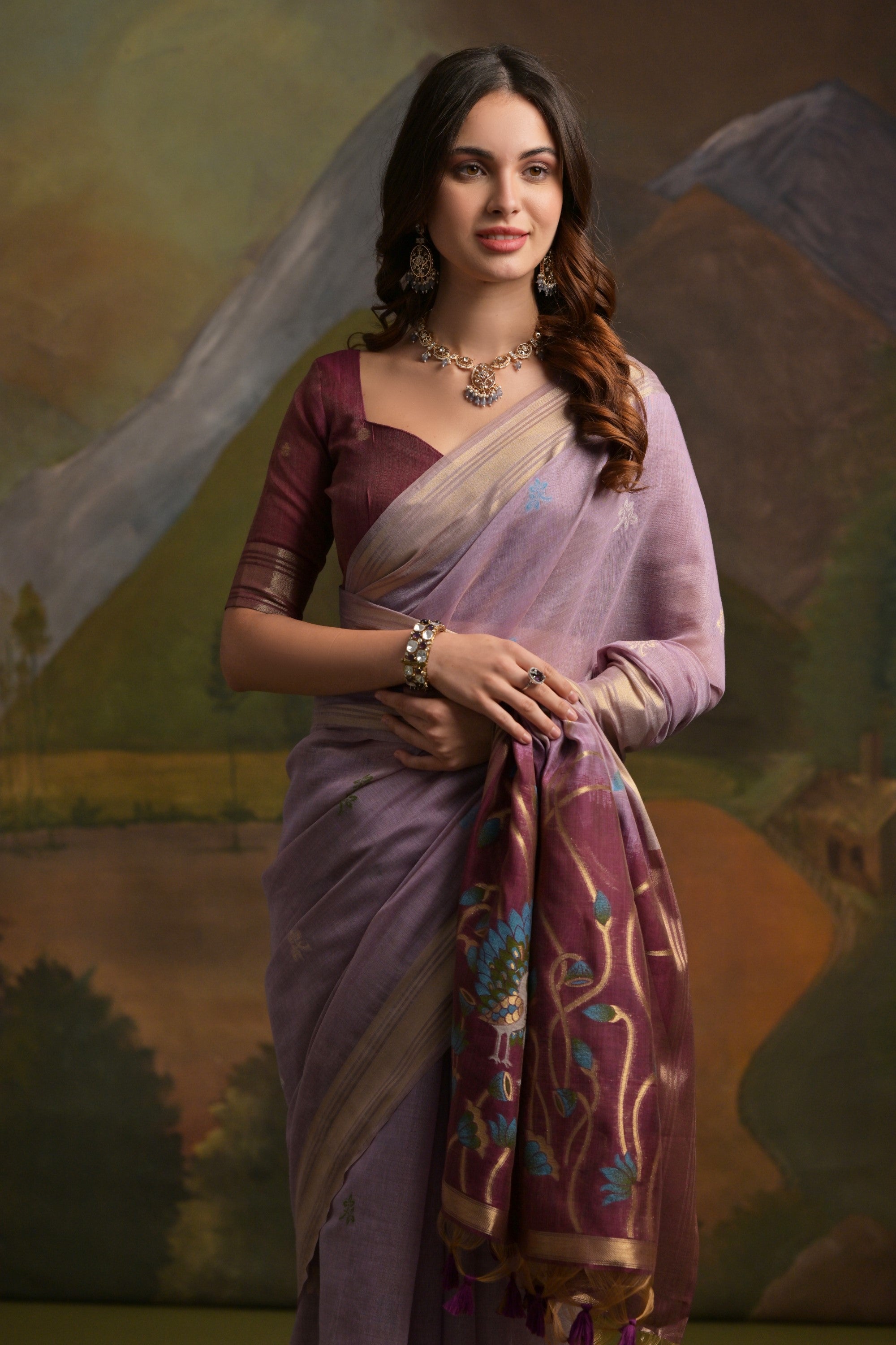 Buy MySilkLove Light Mauve Purple Pichwai Woven Muga Cotton Saree Online