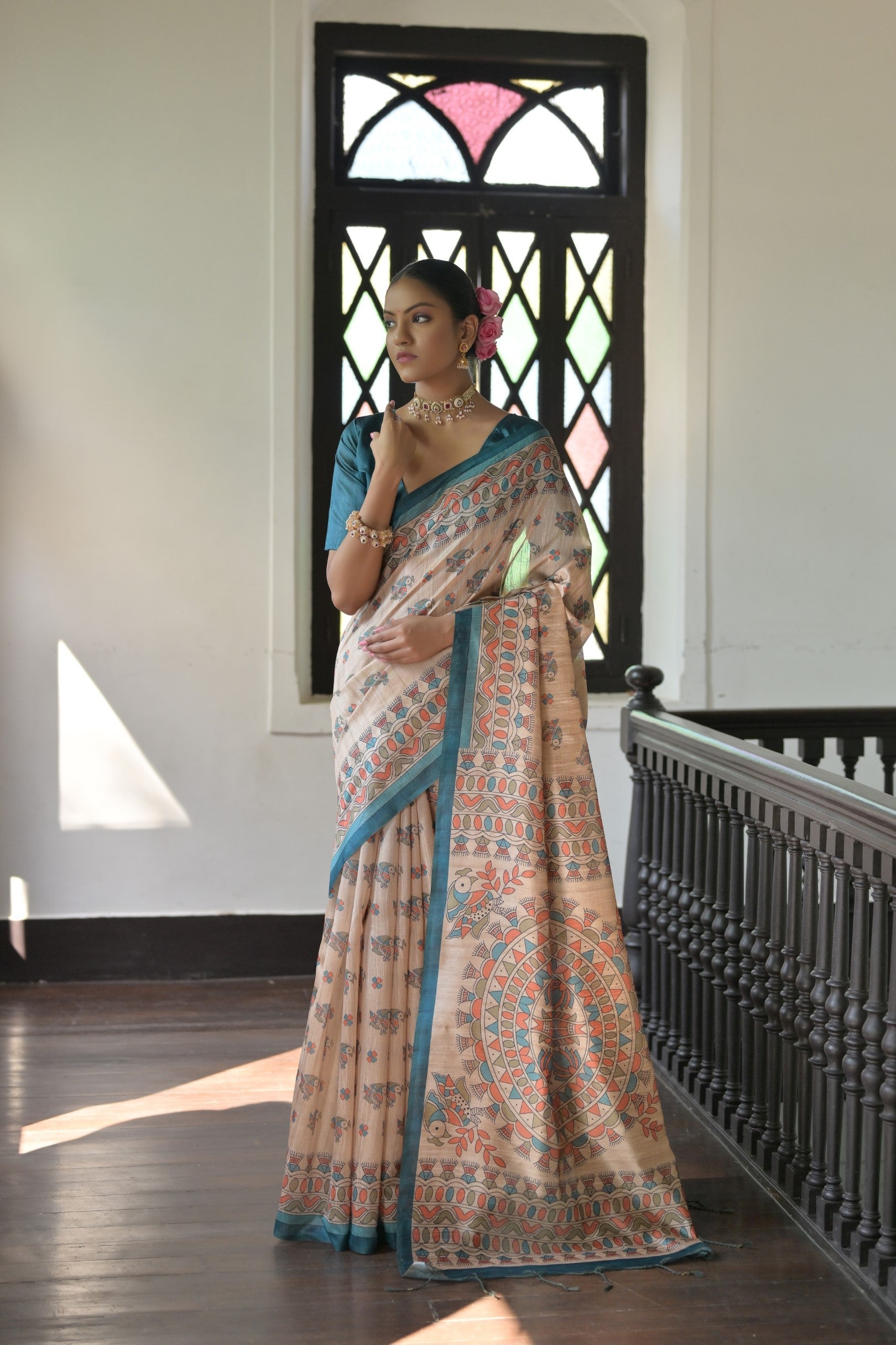 Buy MySilkLove Peach Cream and Green Madhubani Printed Tussar Silk Saree Online