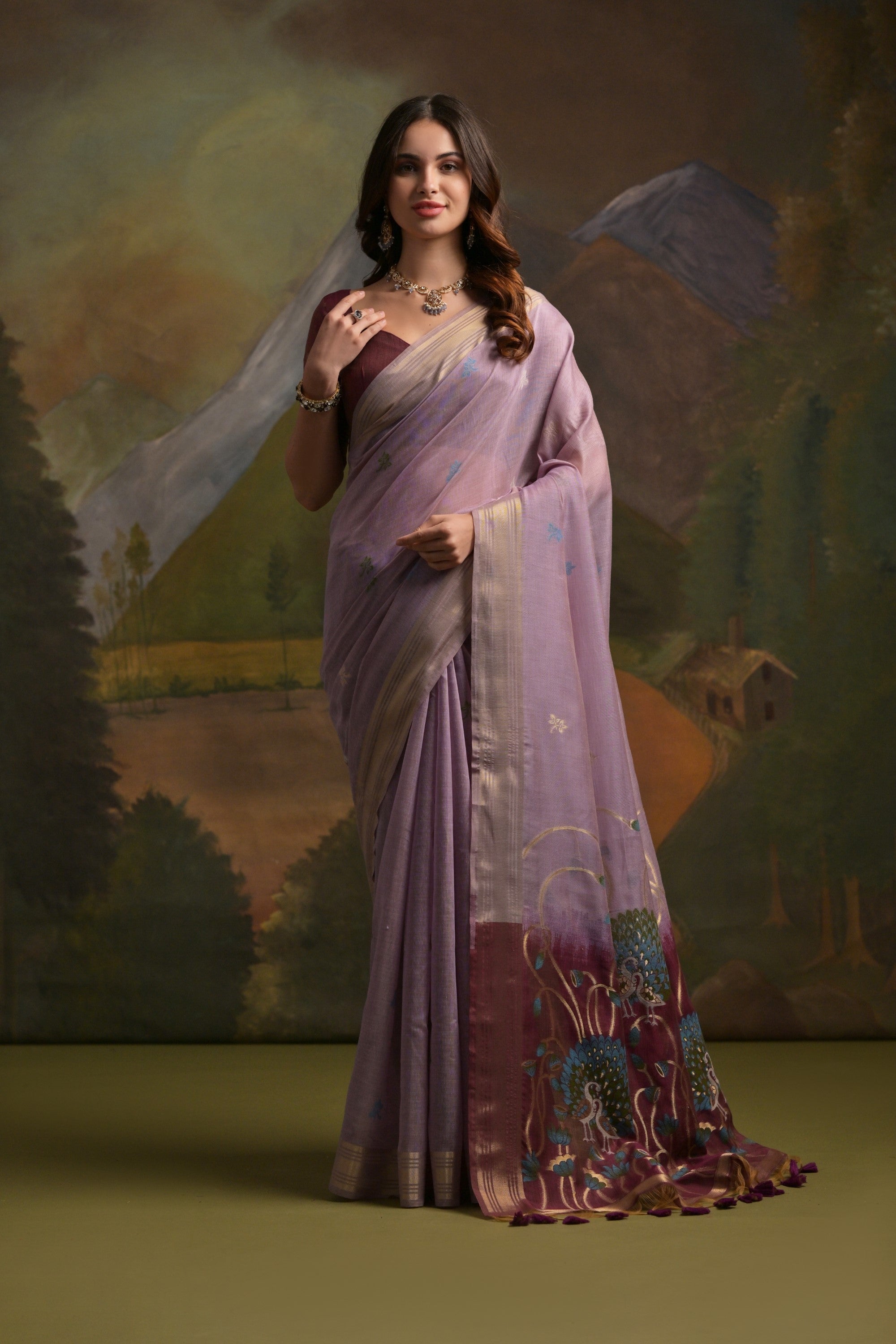 Buy MySilkLove Light Mauve Purple Pichwai Woven Muga Cotton Saree Online