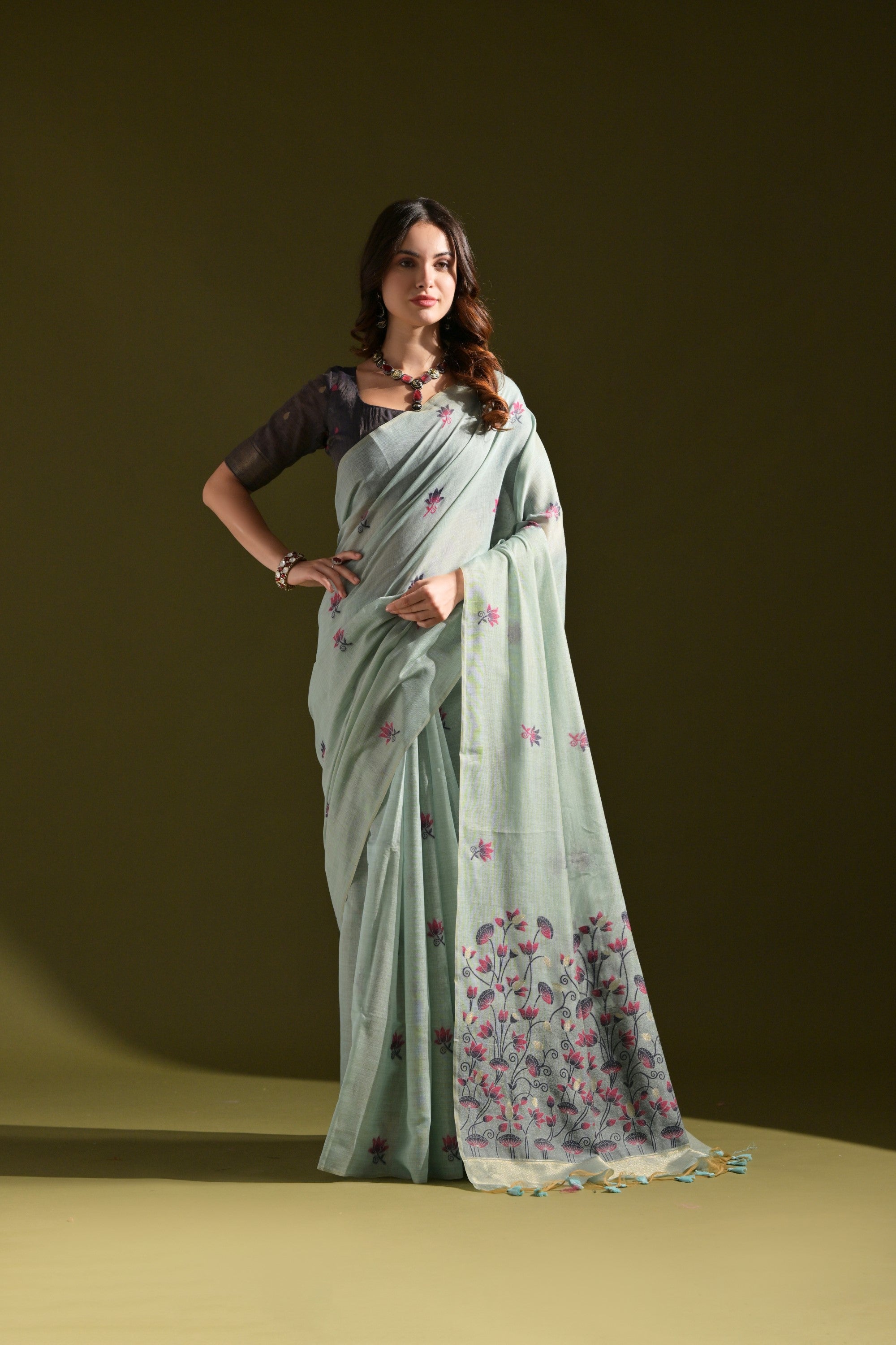 Buy MySilkLove Green Spring Meenakari Woven Muga Cotton Saree Online