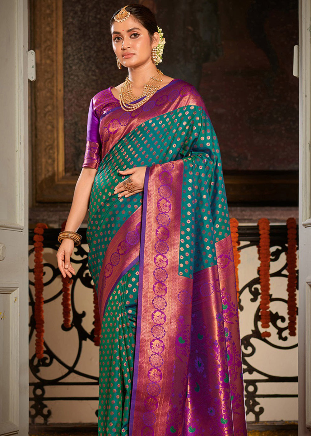 MySilkLove Peacock Blue and Purple Woven Banarasi Silk Saree