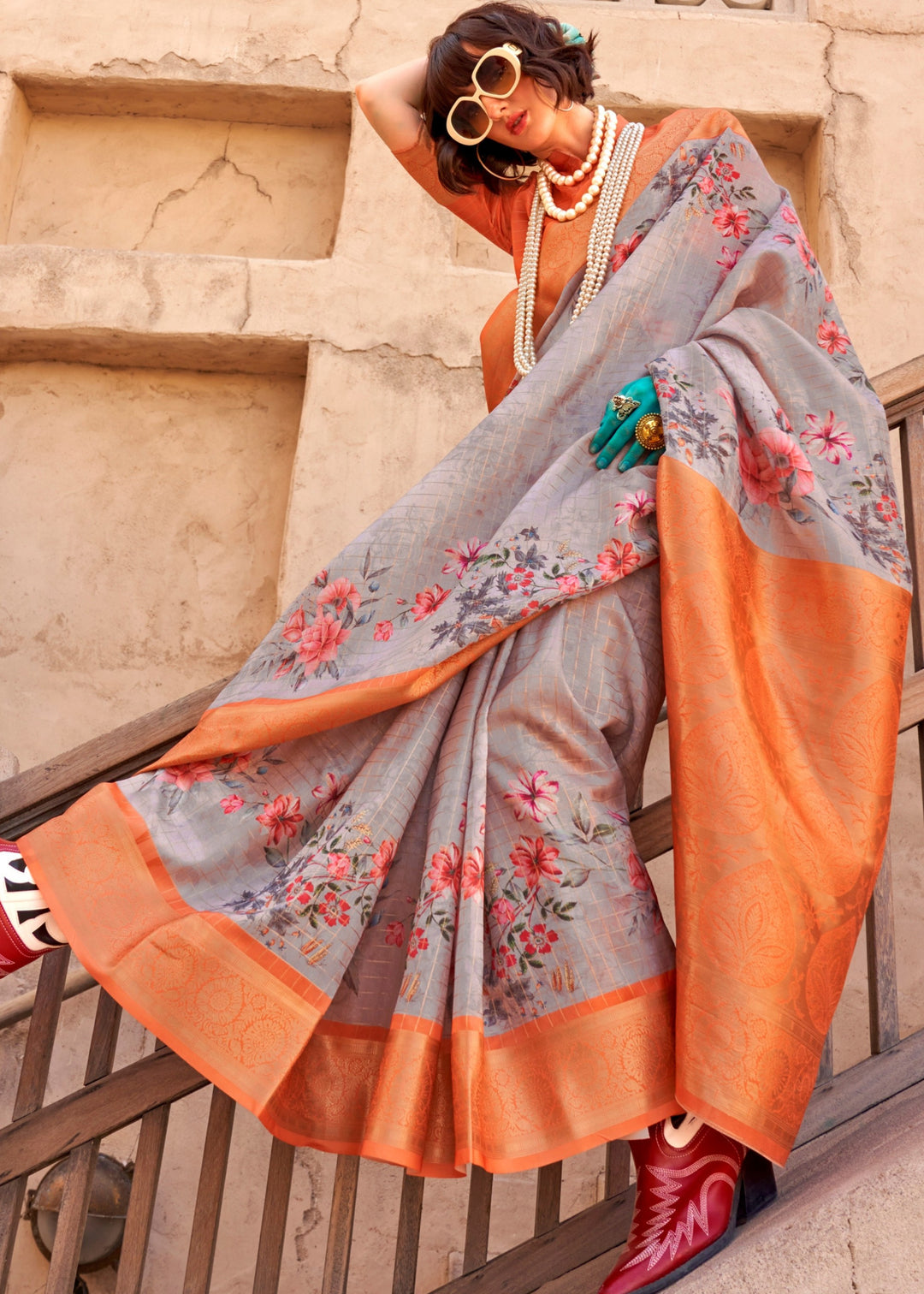 Buy MySilkLove Cloudy Grey and Orange Georgette Handloom Printed Saree Online